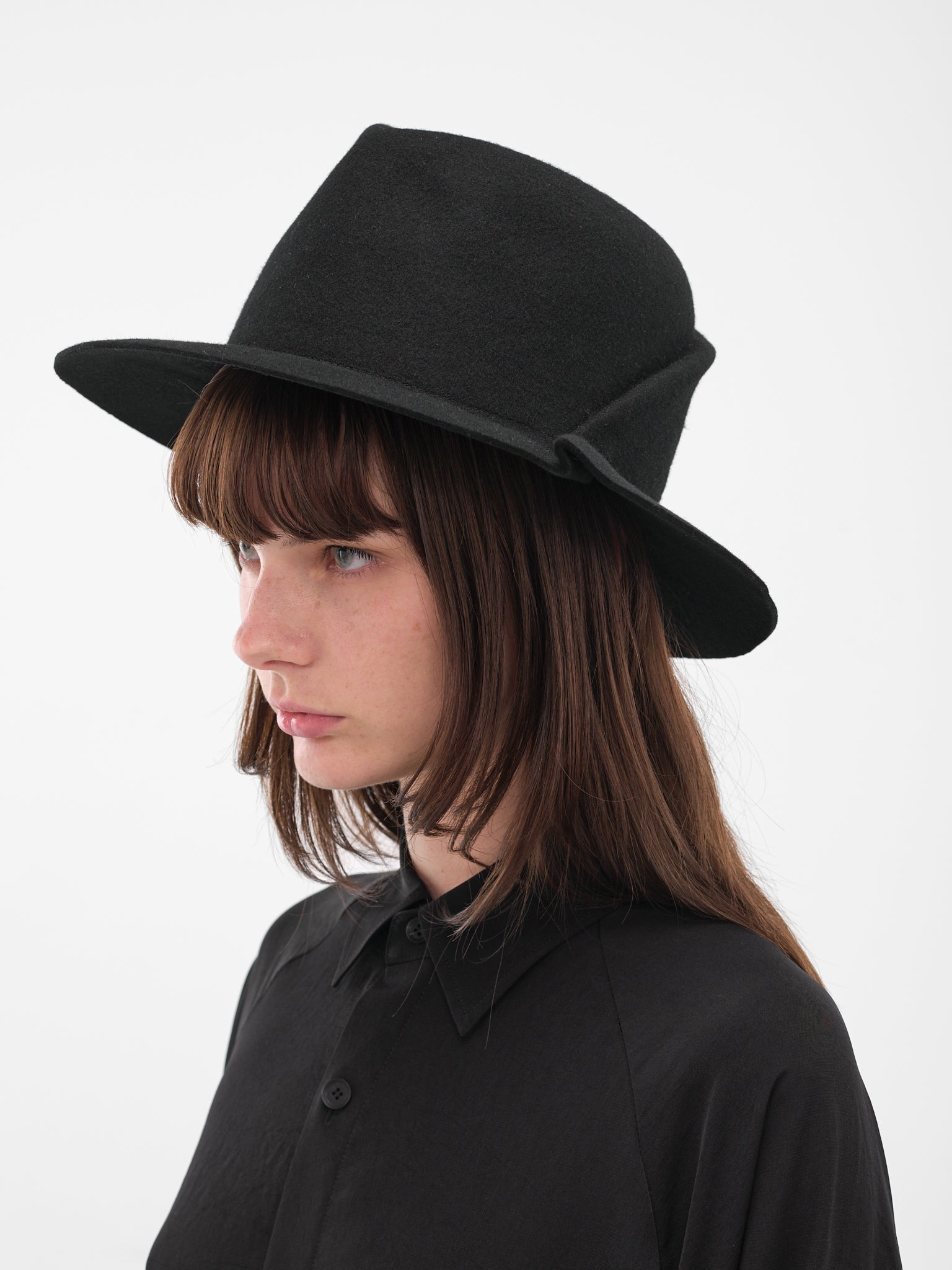 Black Wide Brim Pinched Fedora - 2