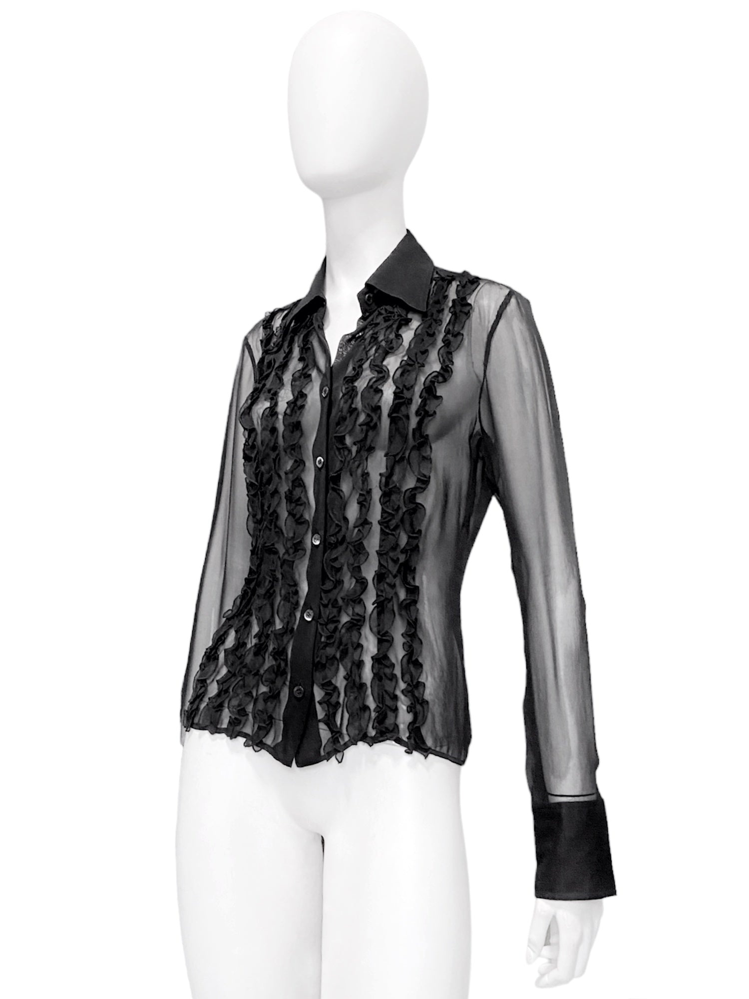 Gucci Spring 1999 Tom Ford Daisey Fuentes Ruffled Silk Sheer Dress Shirt 40 - 4