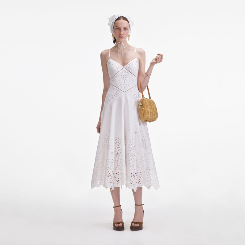 White Cotton Embroidered Midi Dress - 1
