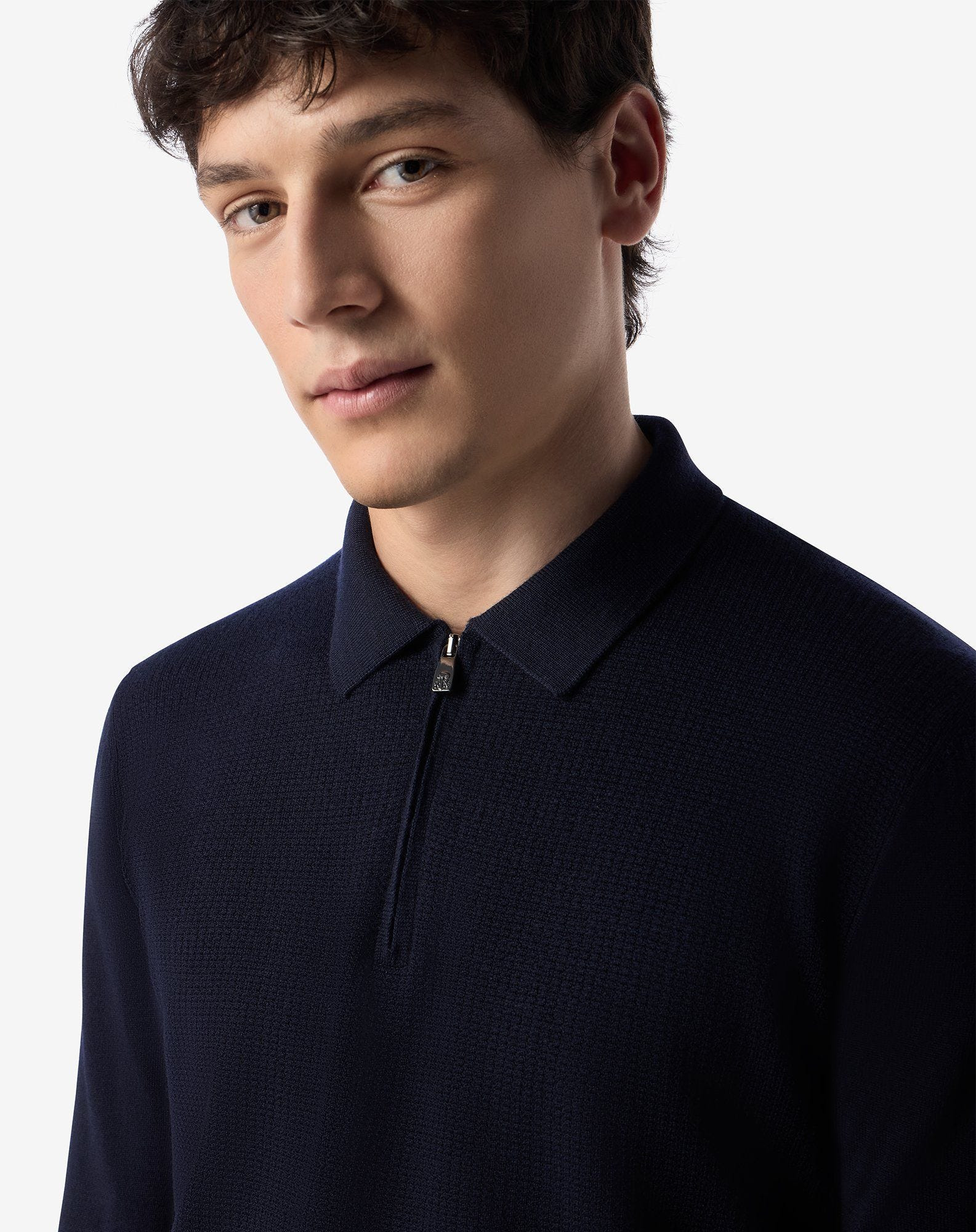 Navy blue merino wool button-up polo - 2