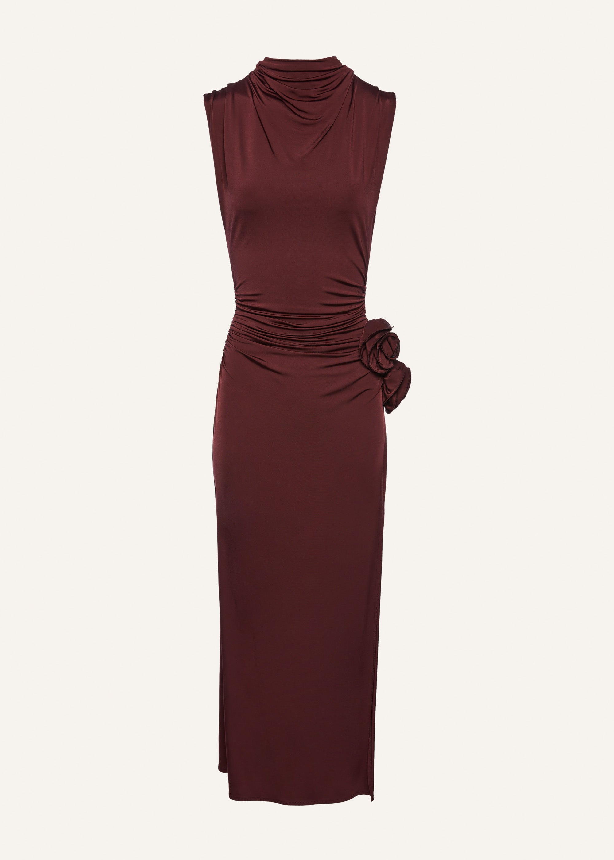 Draped high neck midi dress in burgundy - 1