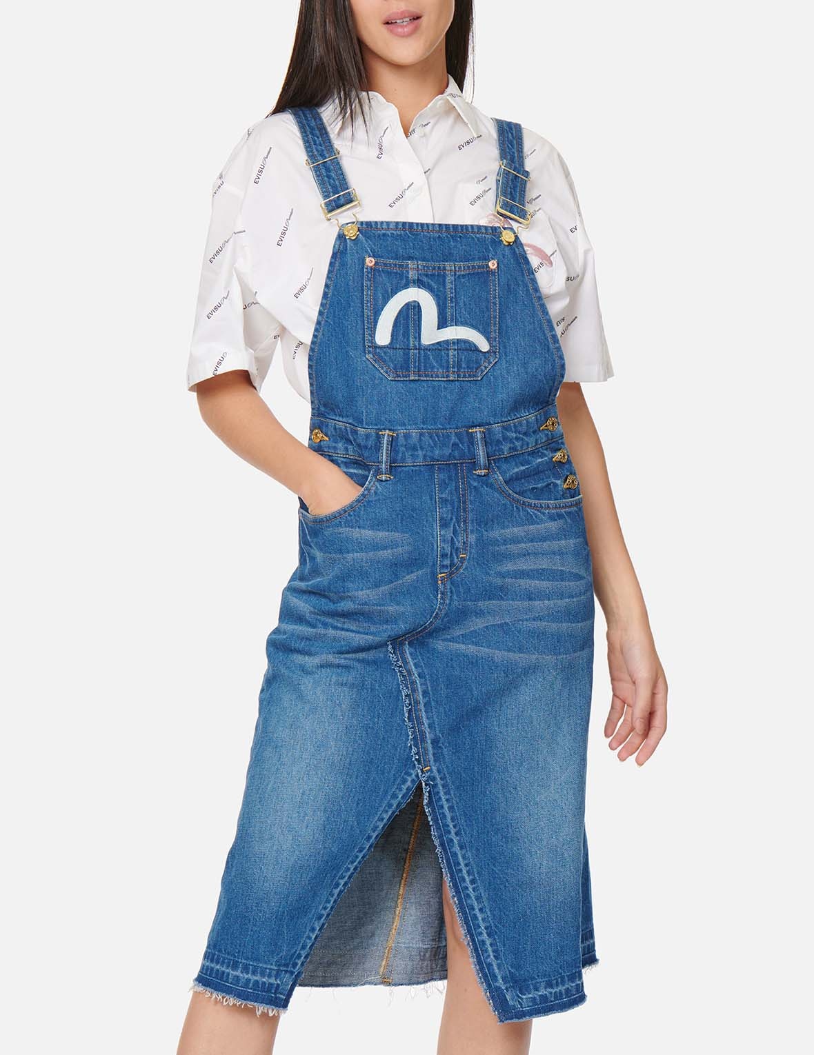 SEAGULL EMBROIDERED DENIM DUNGAREE DRESS - 3