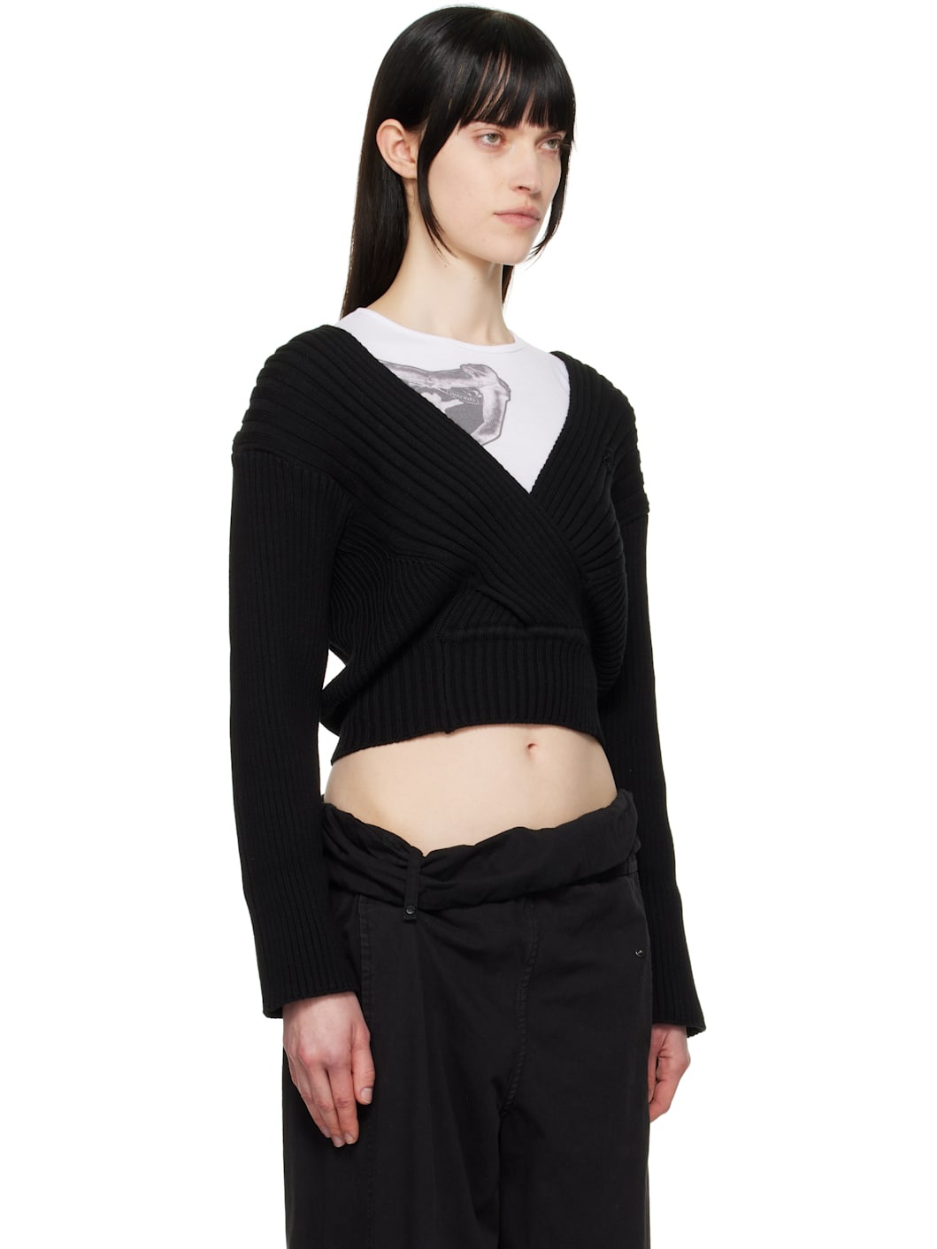 Black Criss Cross Ribbed Pullover Sweater - 2