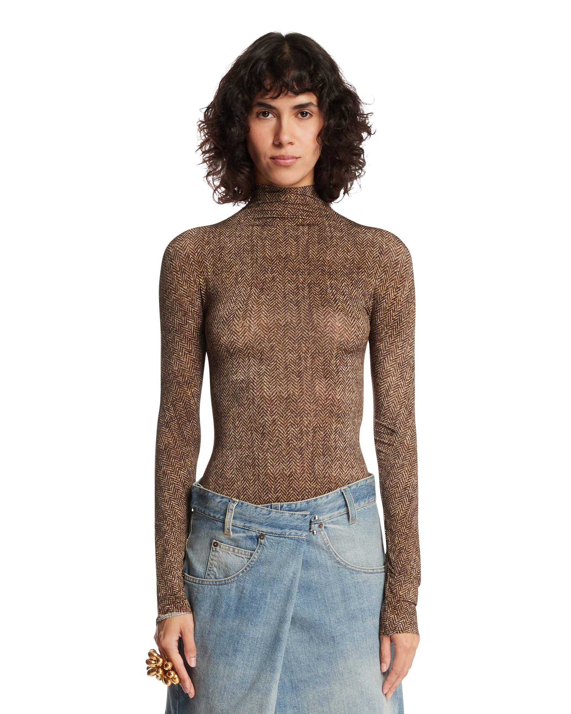 Brown Chevron Sheer Bodysuit - 1