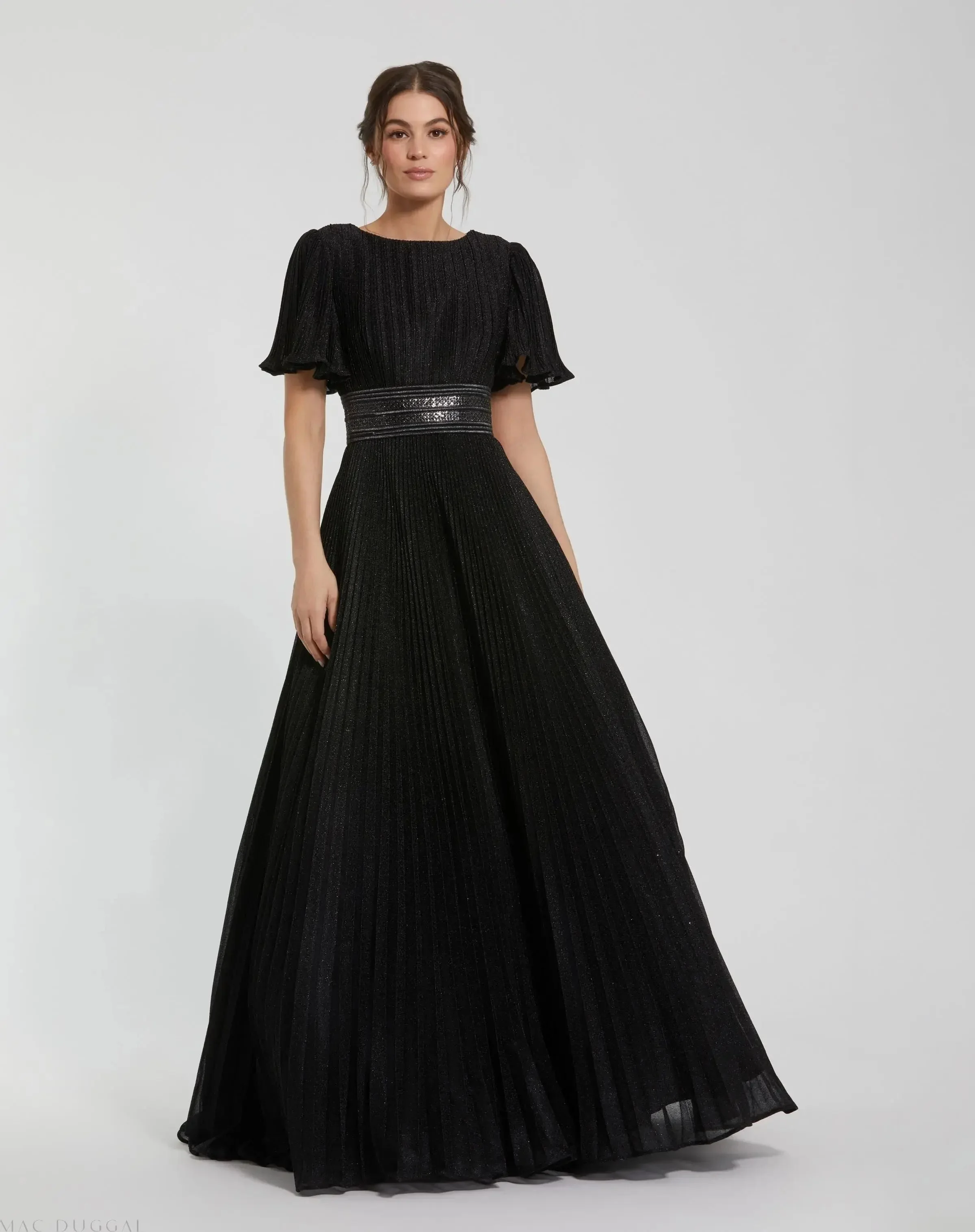 Black Pleated Shimmering Flutter Sleeve Ball Gown - 1