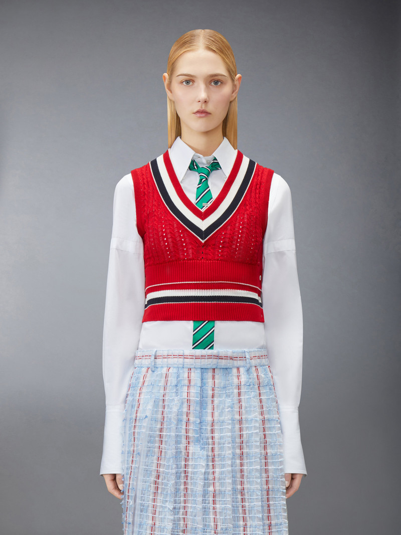Thom Browne CRICKET RWB STRIPE BABY LADDER CABLE SHRUNKEN VEST outlook