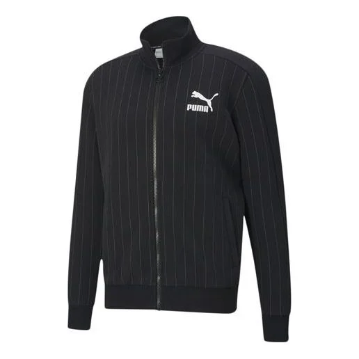PUMA Pinstripe Track Top Stripe Fleece Lined Stand Collar Zipper Jacket Black 530177-01 - 1