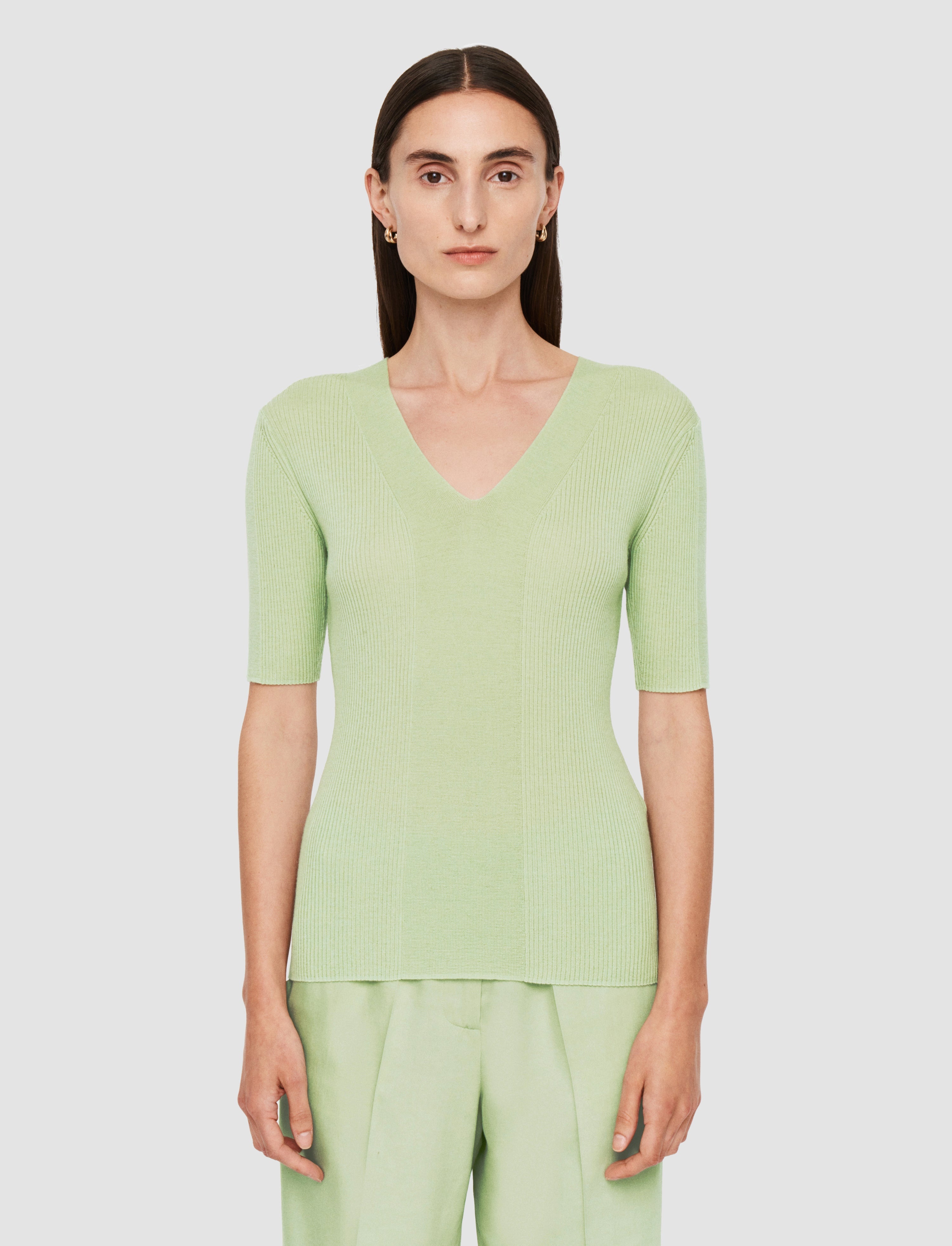 Fine Merino Rib V Neck Top - 3