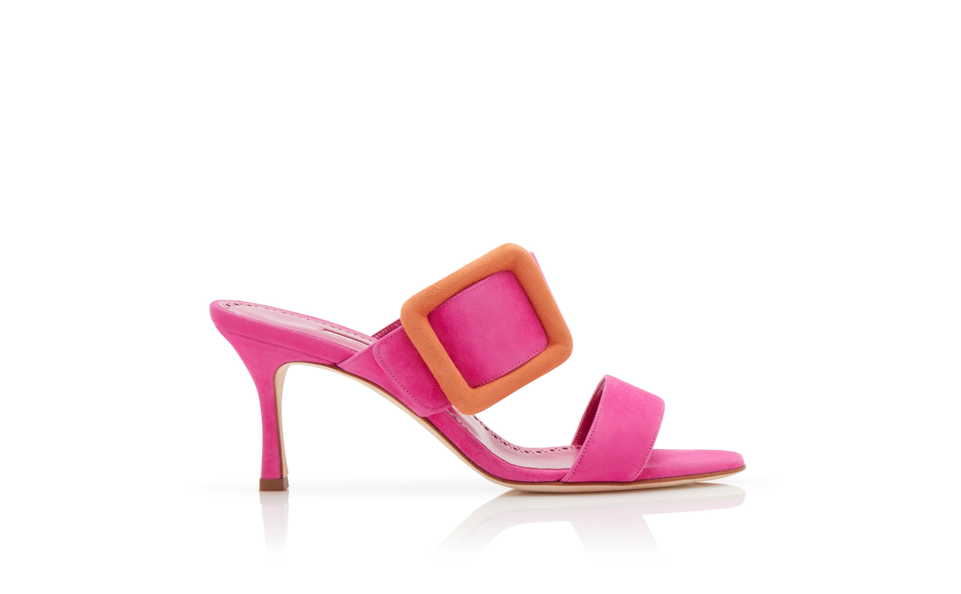 Bright Pink and Orange Suede Buckle Mules - 1