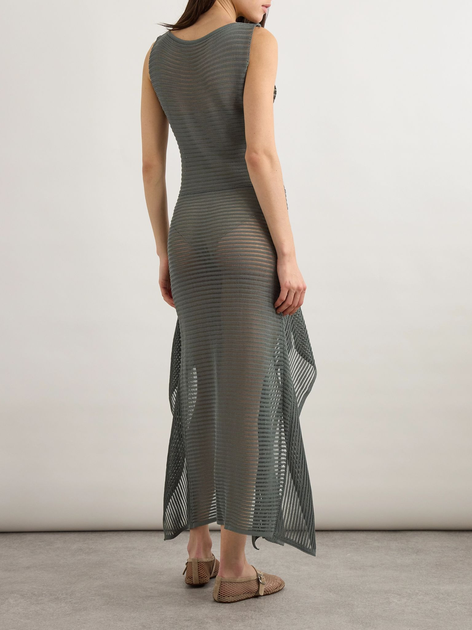 Ruffled ribbed open-knit cotton-blend midi dress Gray - 3
