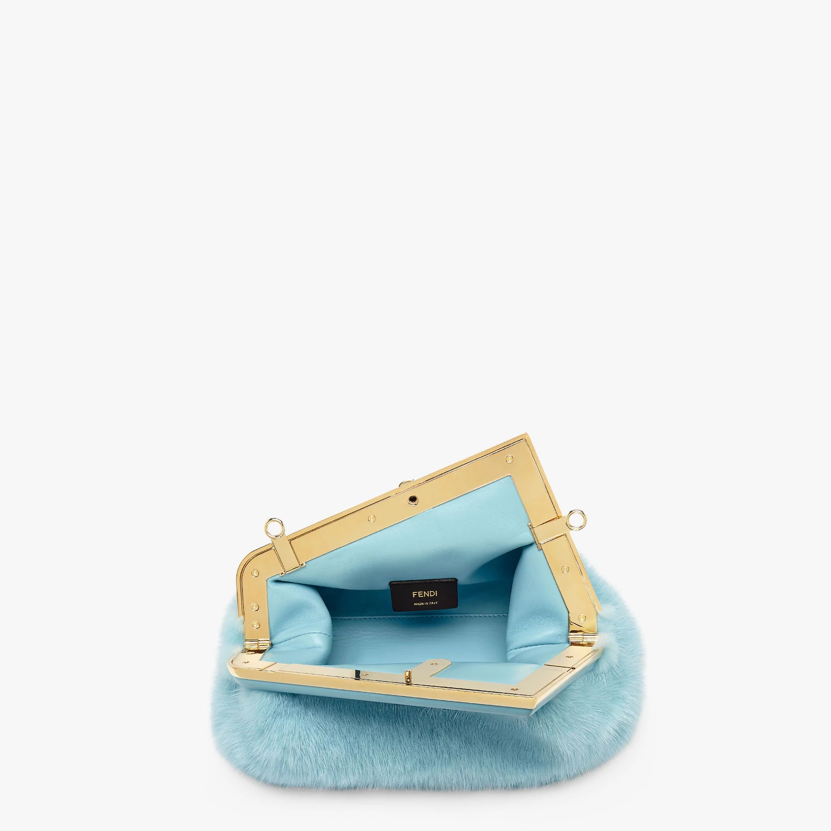 Small Fendi First bag in light blue soft mink with an oversized F metal clasp with tone on tone napp - 4