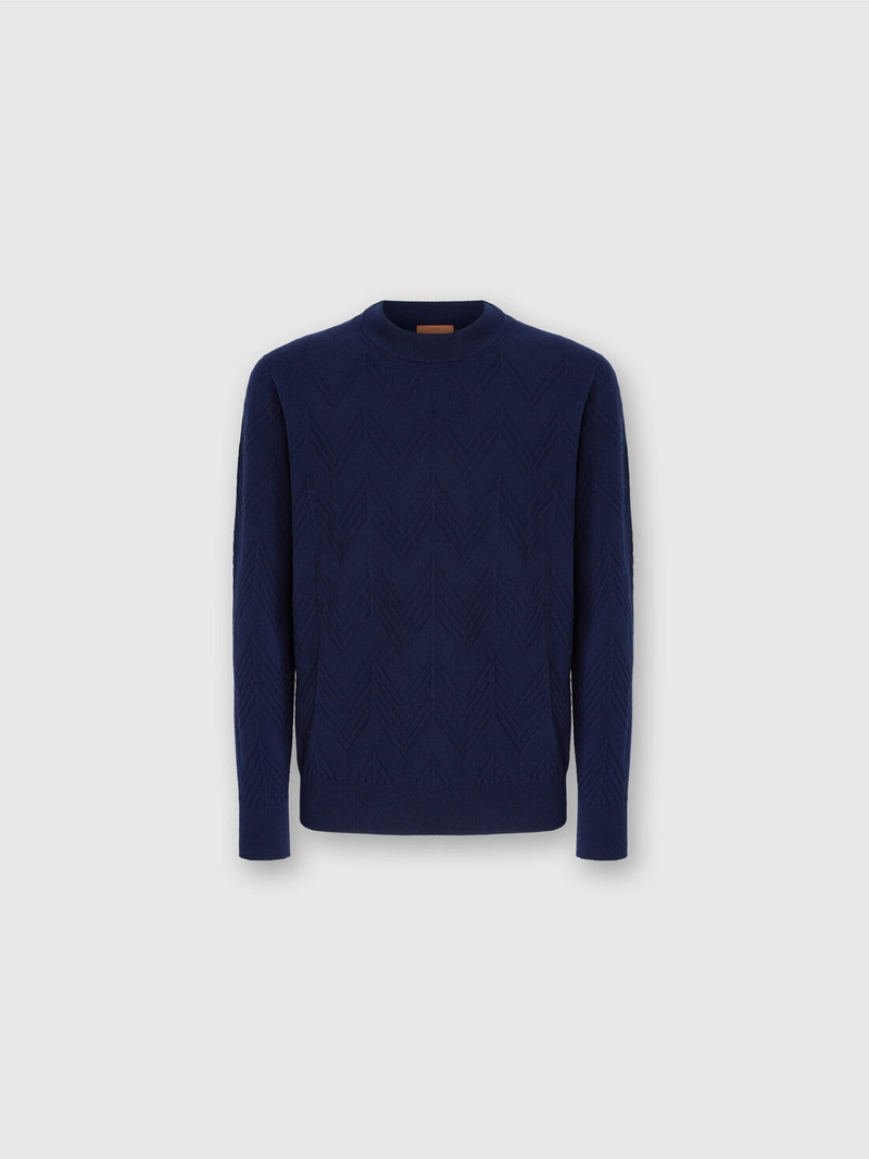Crew neck sweater in pure cashmere with chevron pattern 1