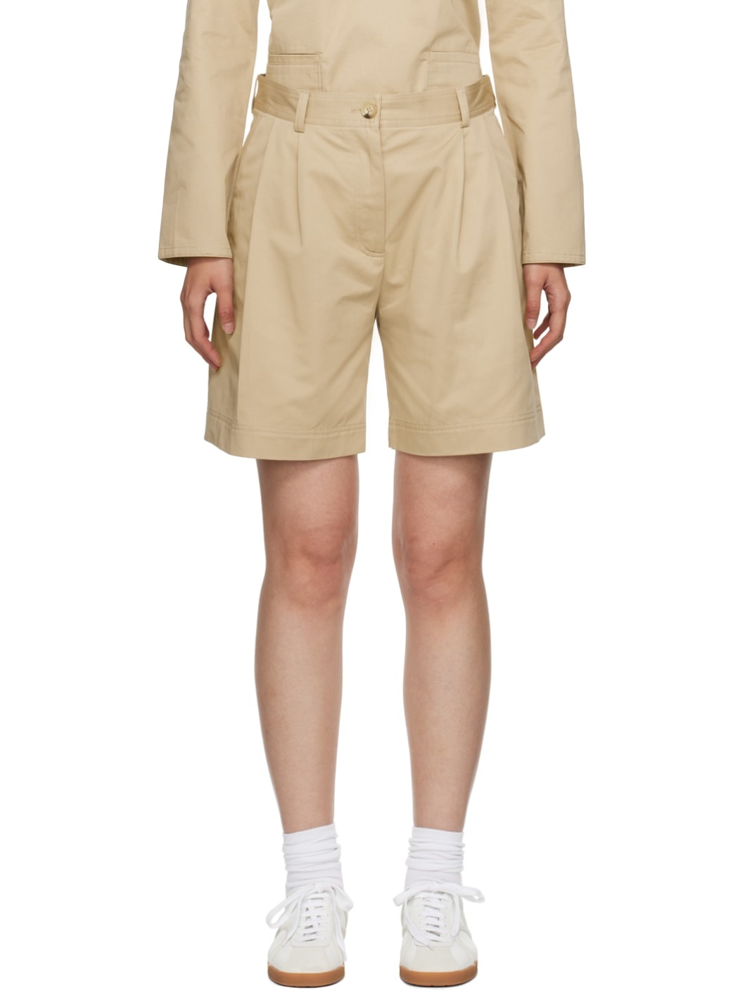 Beige Pleated Shorts - 1