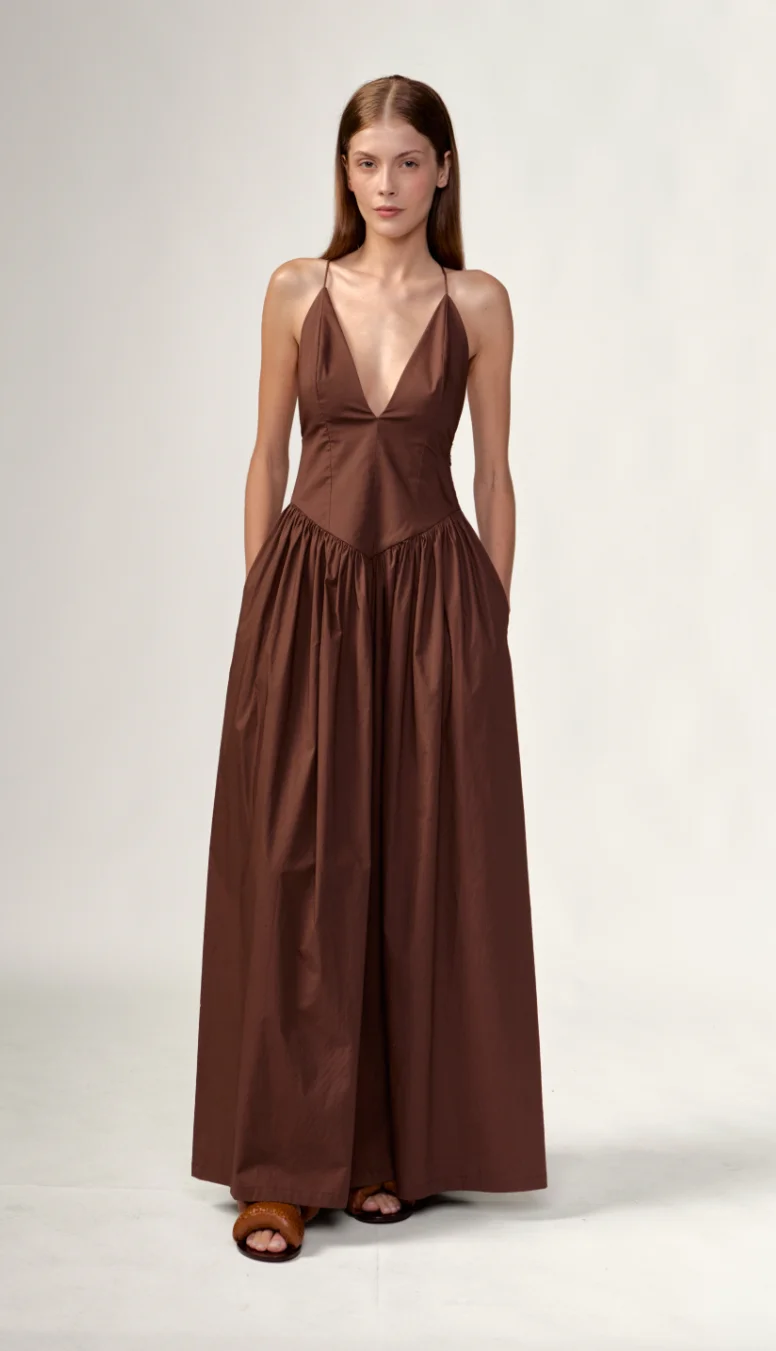 Opulence Deep v-Neck Brown Maxi Dress - 1