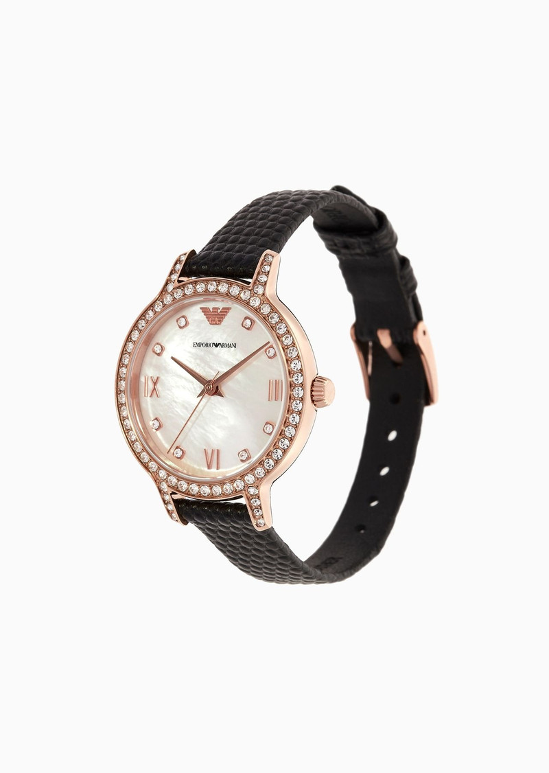 EMPORIO ARMANI Three-Hand Black Leather Watch outlook