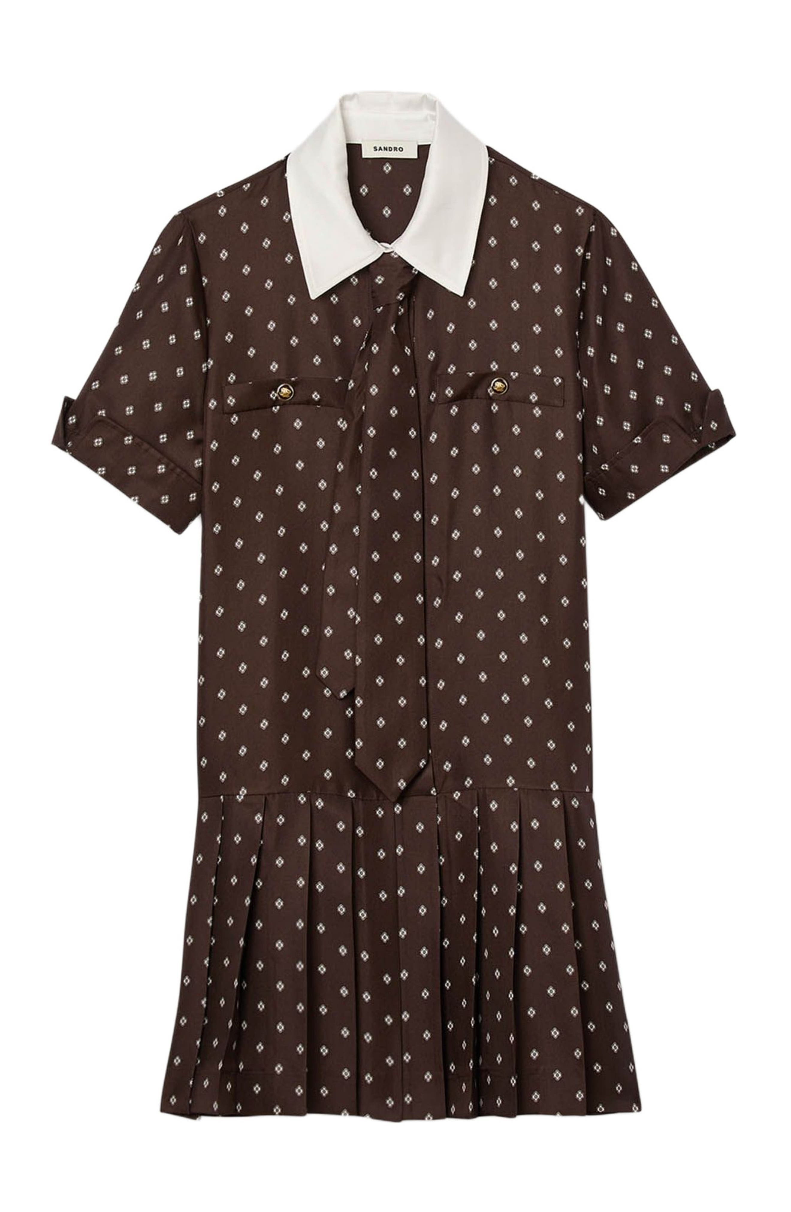 SANDRO Printed satin-effect short dress in Brown /White at Nordstrom - 6