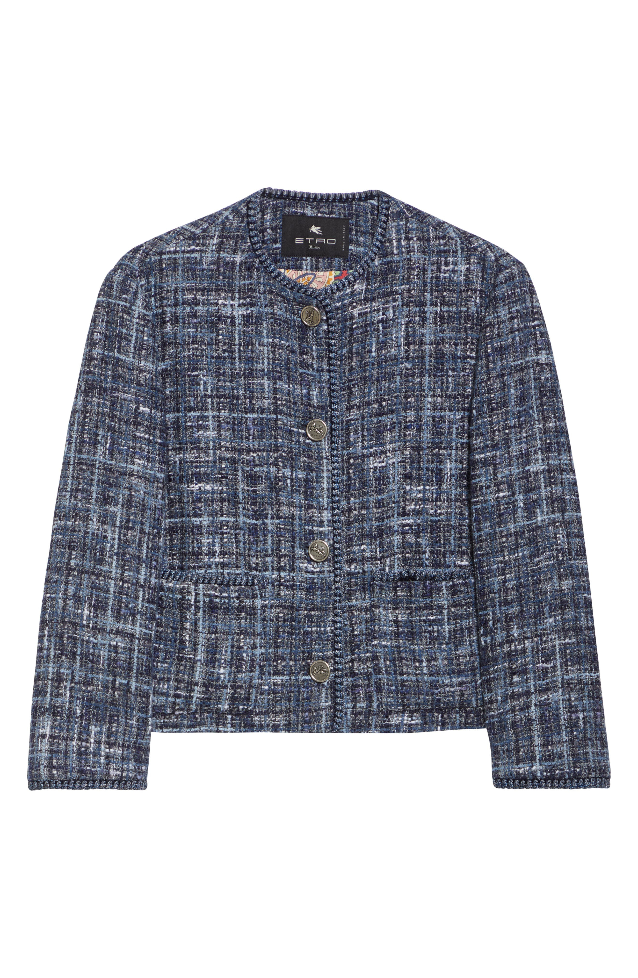 Etro Abstract Check Crop Bouclé Jacket in Multicolor Blue Base at Nordstrom - 7