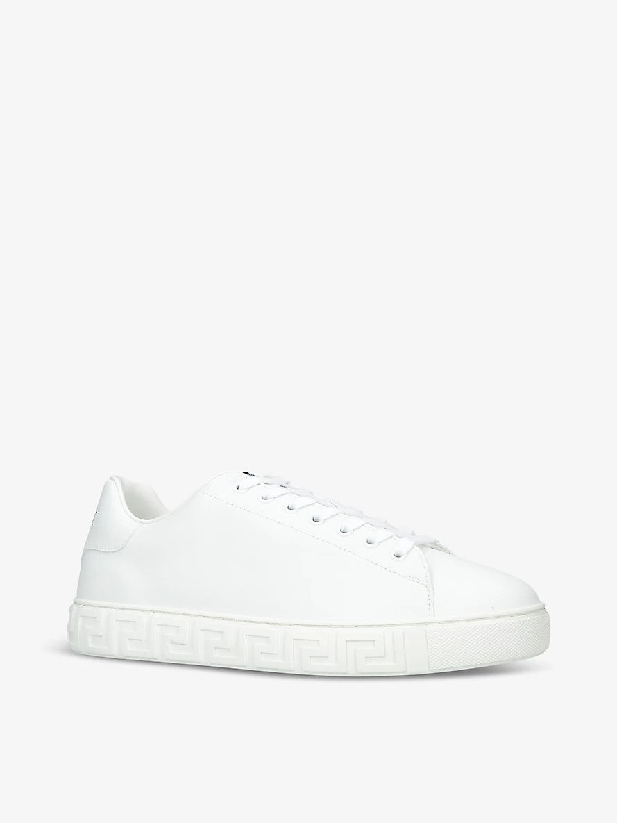 Greca-pattern brand-tab leather low-top trainers - 3