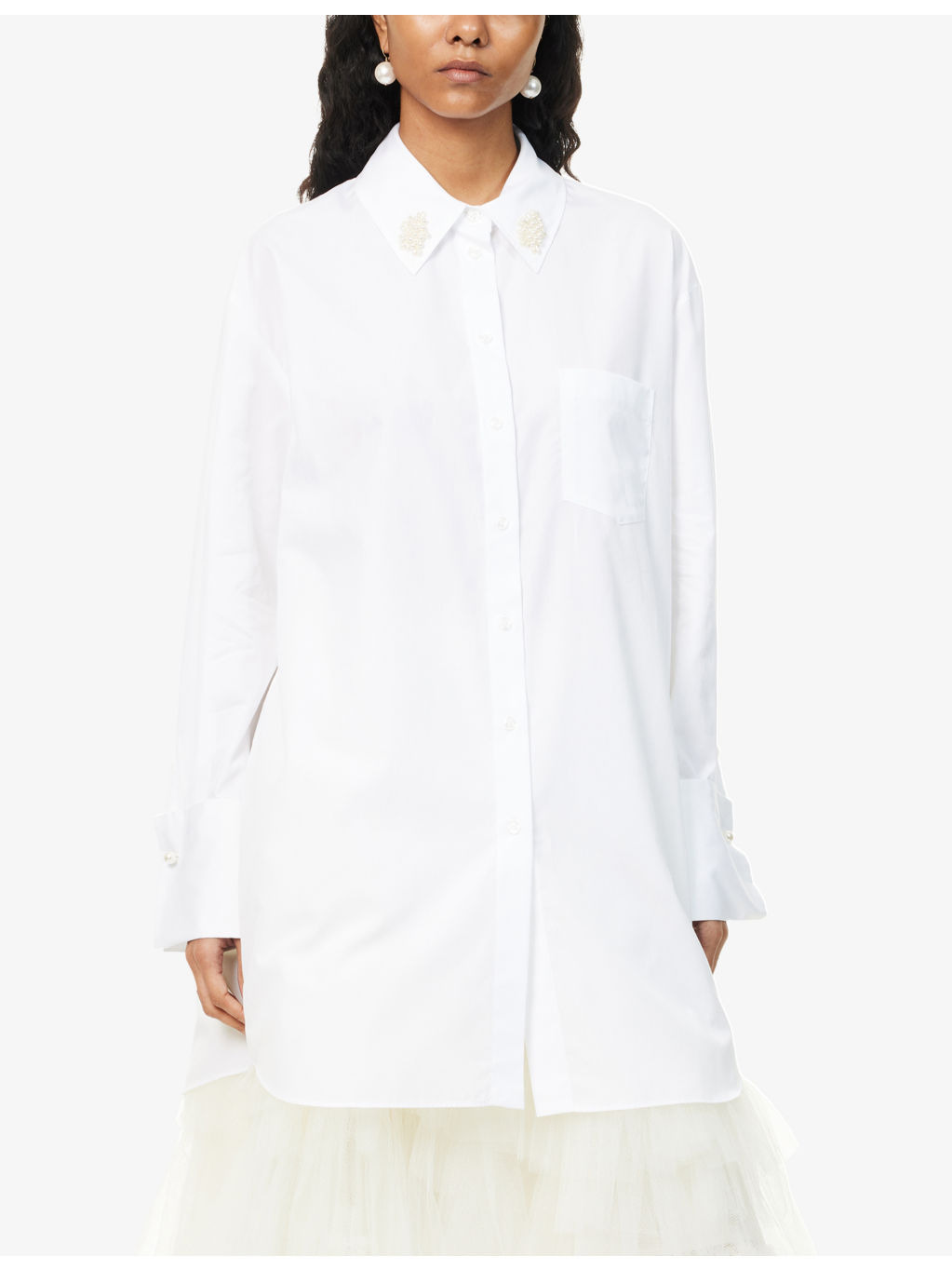 Beads-Embellishment Wide-Cuffs Cotton-Poplin Shirt - 3
