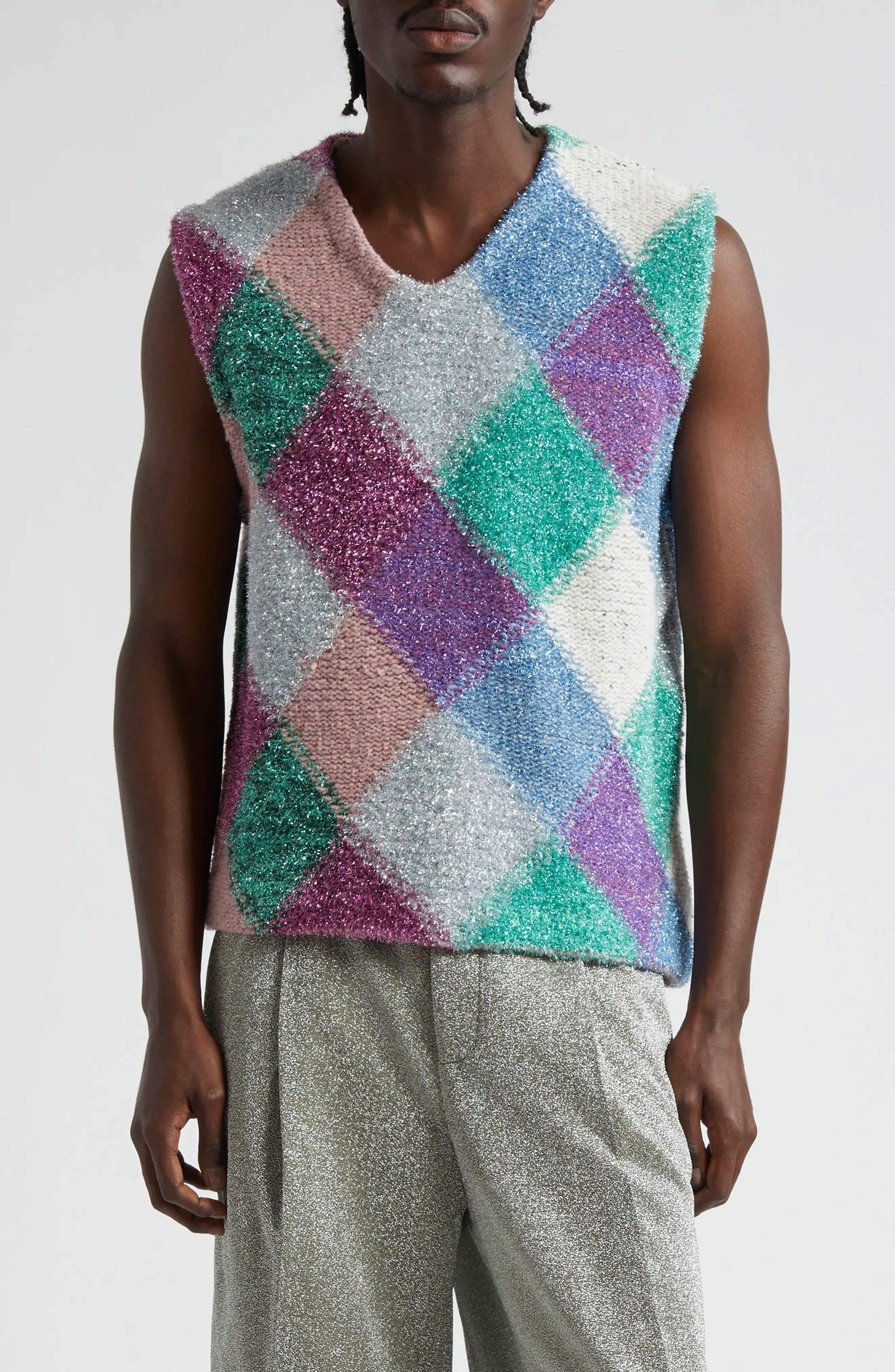 Gender Inclusive Metallic Argyle Sweater Vest - 1