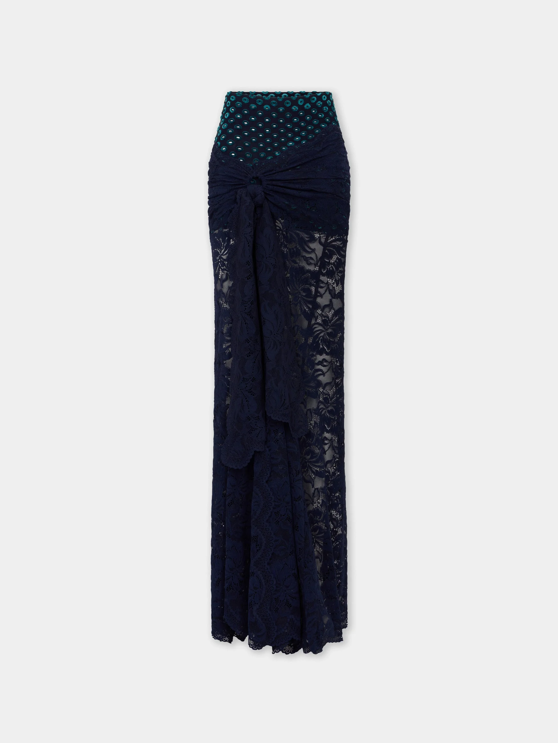 LONG NAVY BLUE TROMPE-L'ŒIL LACE SKIRT - 1