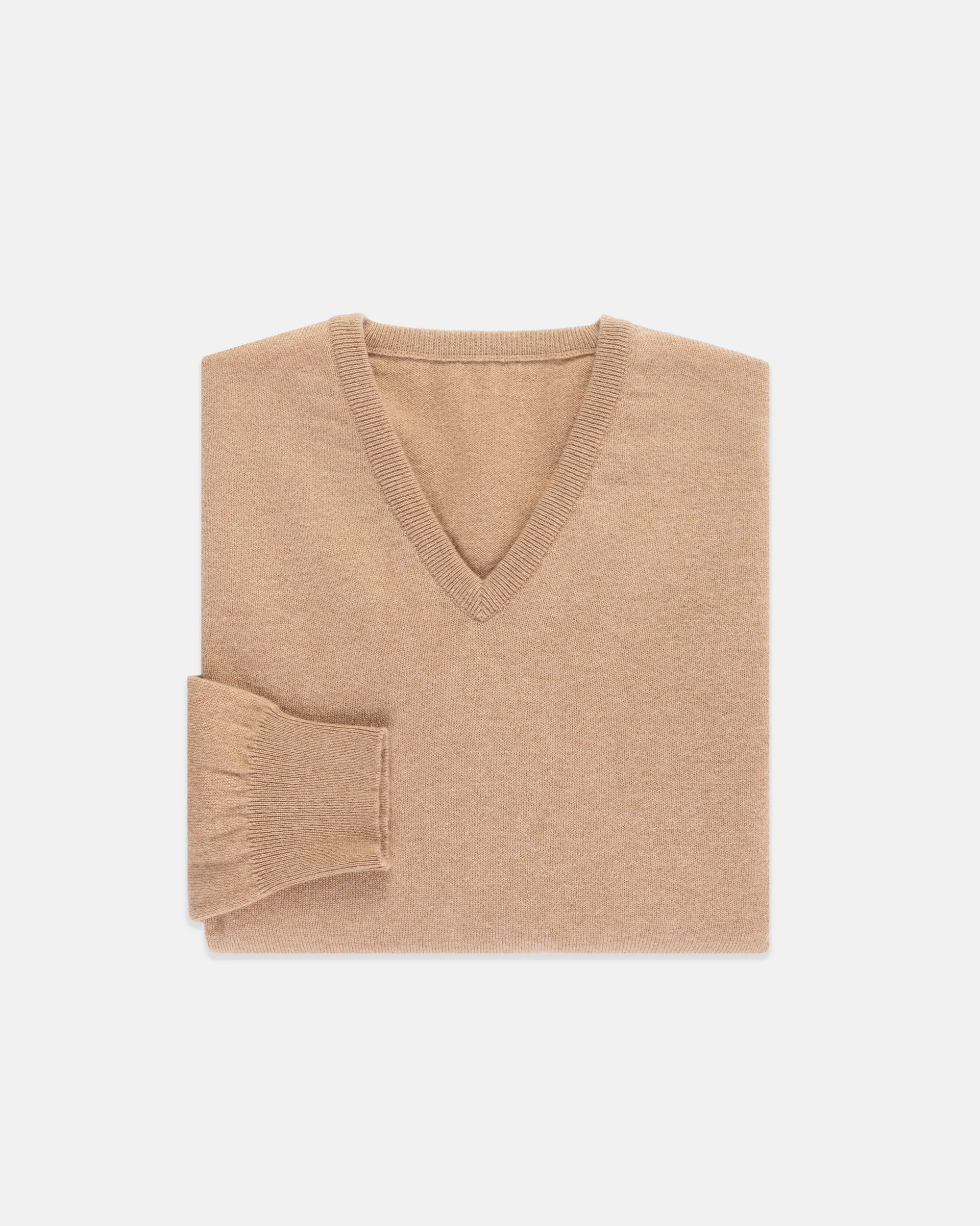 MADE-IN-SCOTLAND TAN CASHMERE V-NECK SWEATER - CLASSIC FIT - 1
