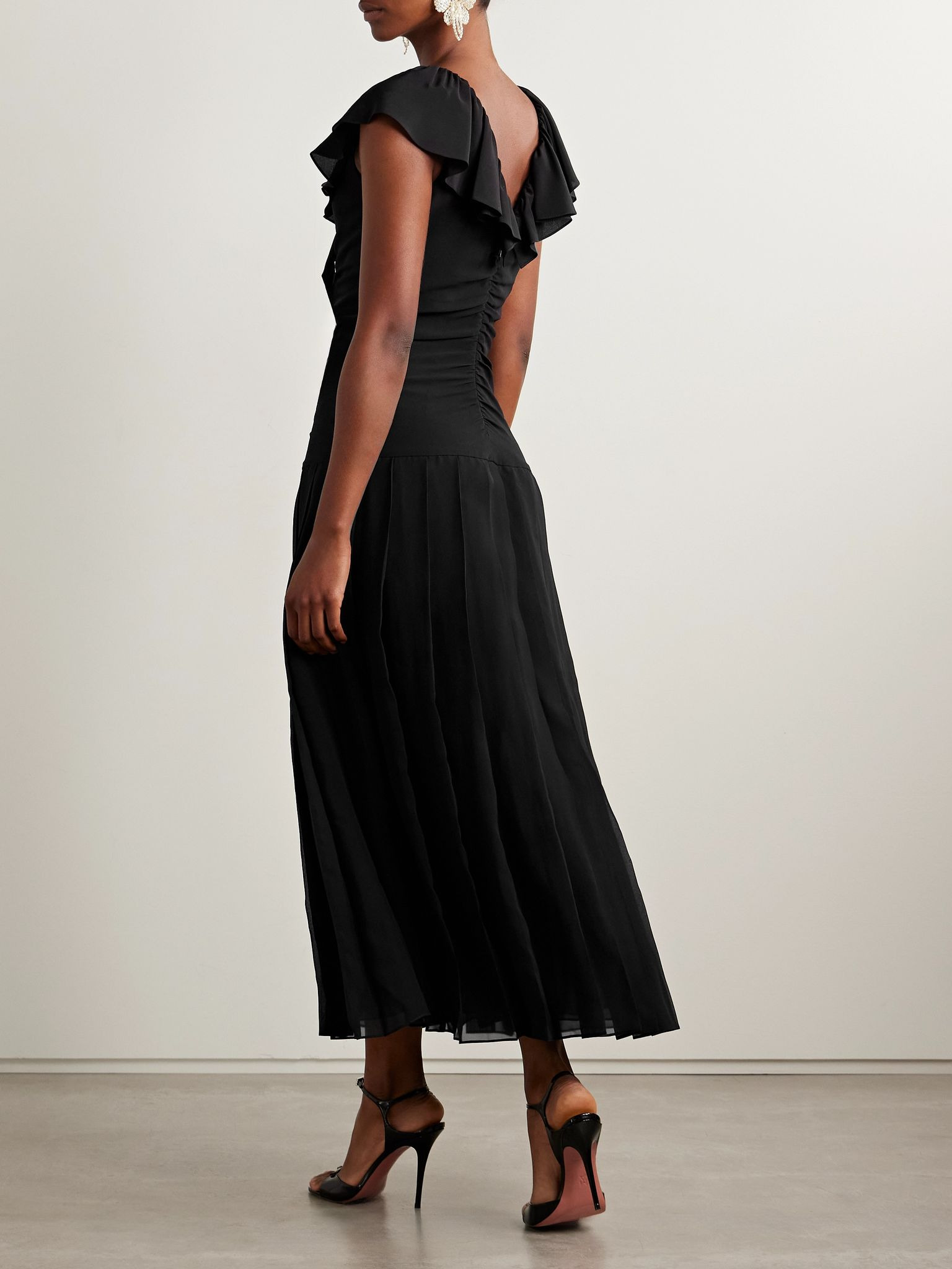 Embellished pleated gathered silk crepe de chine midi dress Black - 3