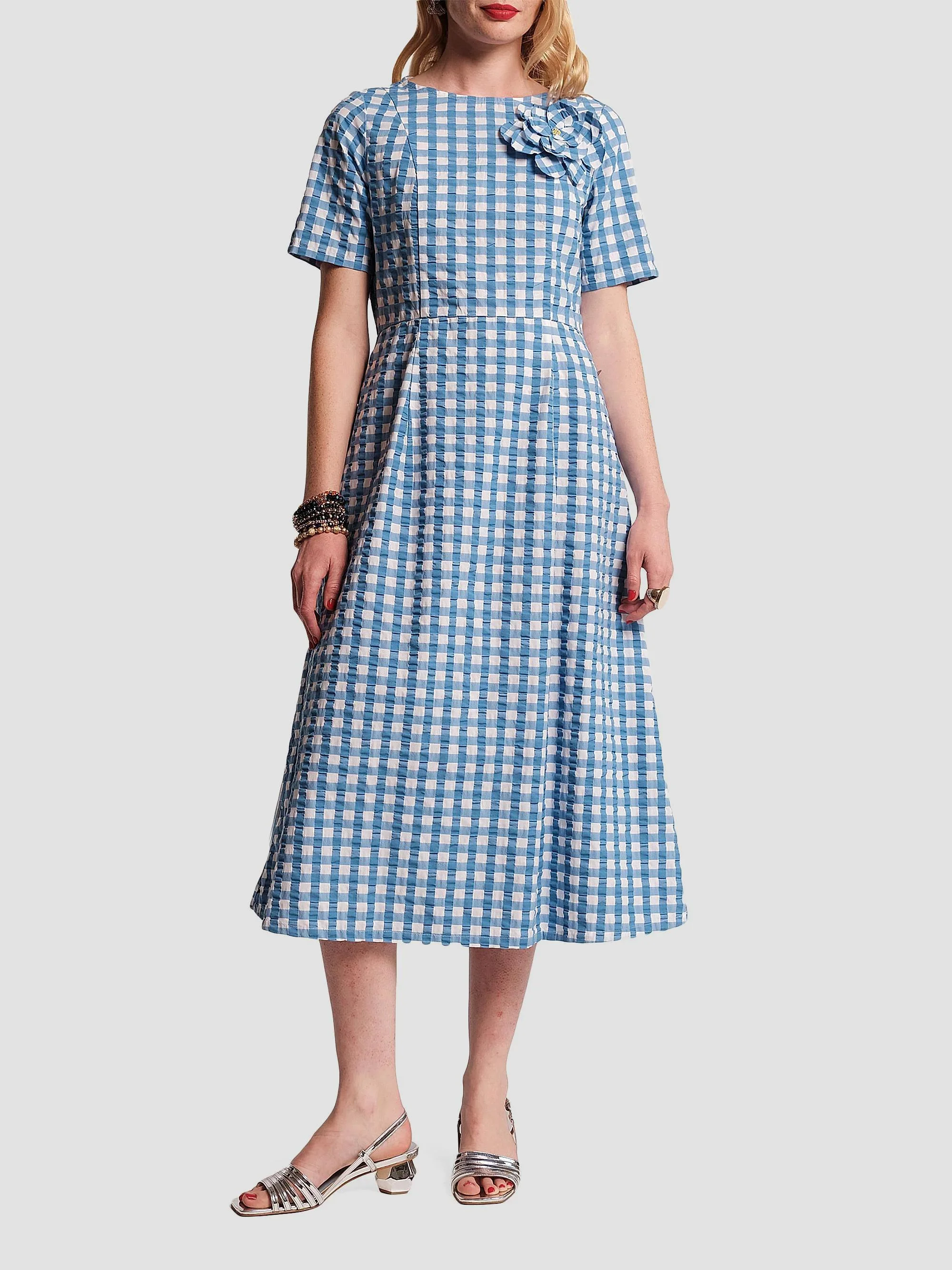 Women's Michelle Floral Appliqué Gingham Midi-Dress - Blue White - 1