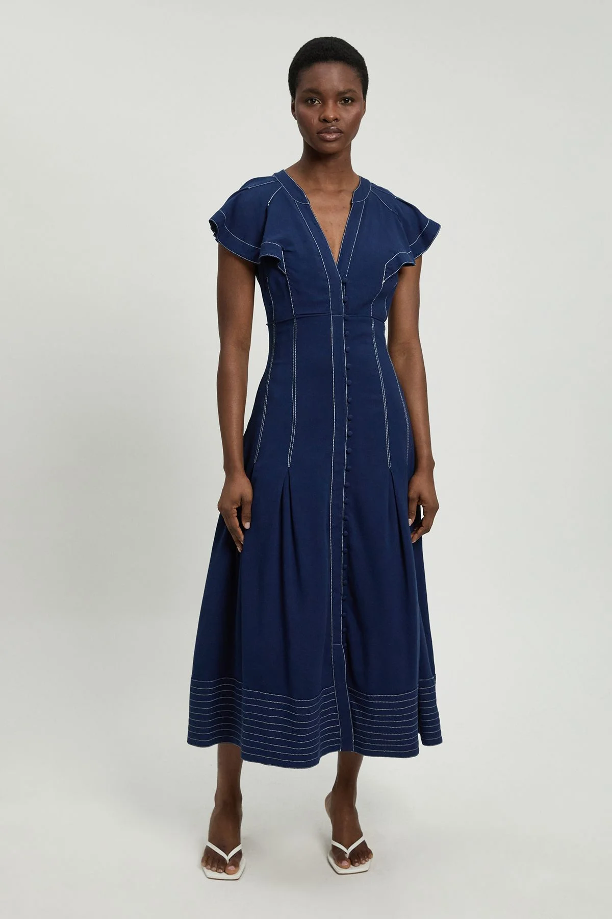 Contrast Topstitch Seam Detail Midi Dress - 1
