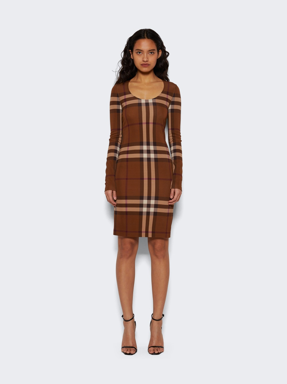 Check Stretch Long Sleeve Dress Dark Birch Brown - 2