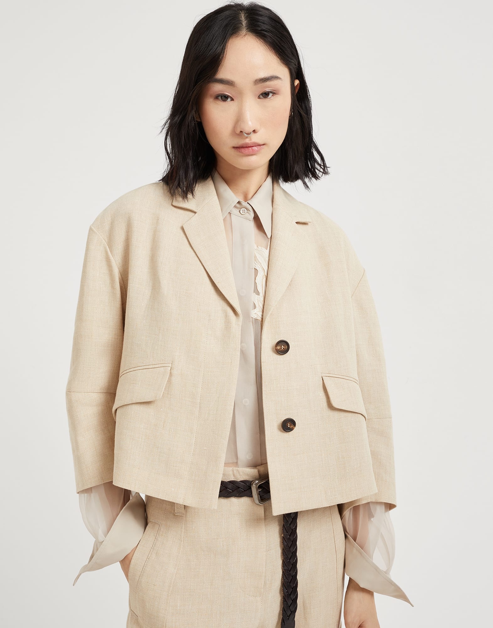 Linen panama cropped blazer with monili - 4