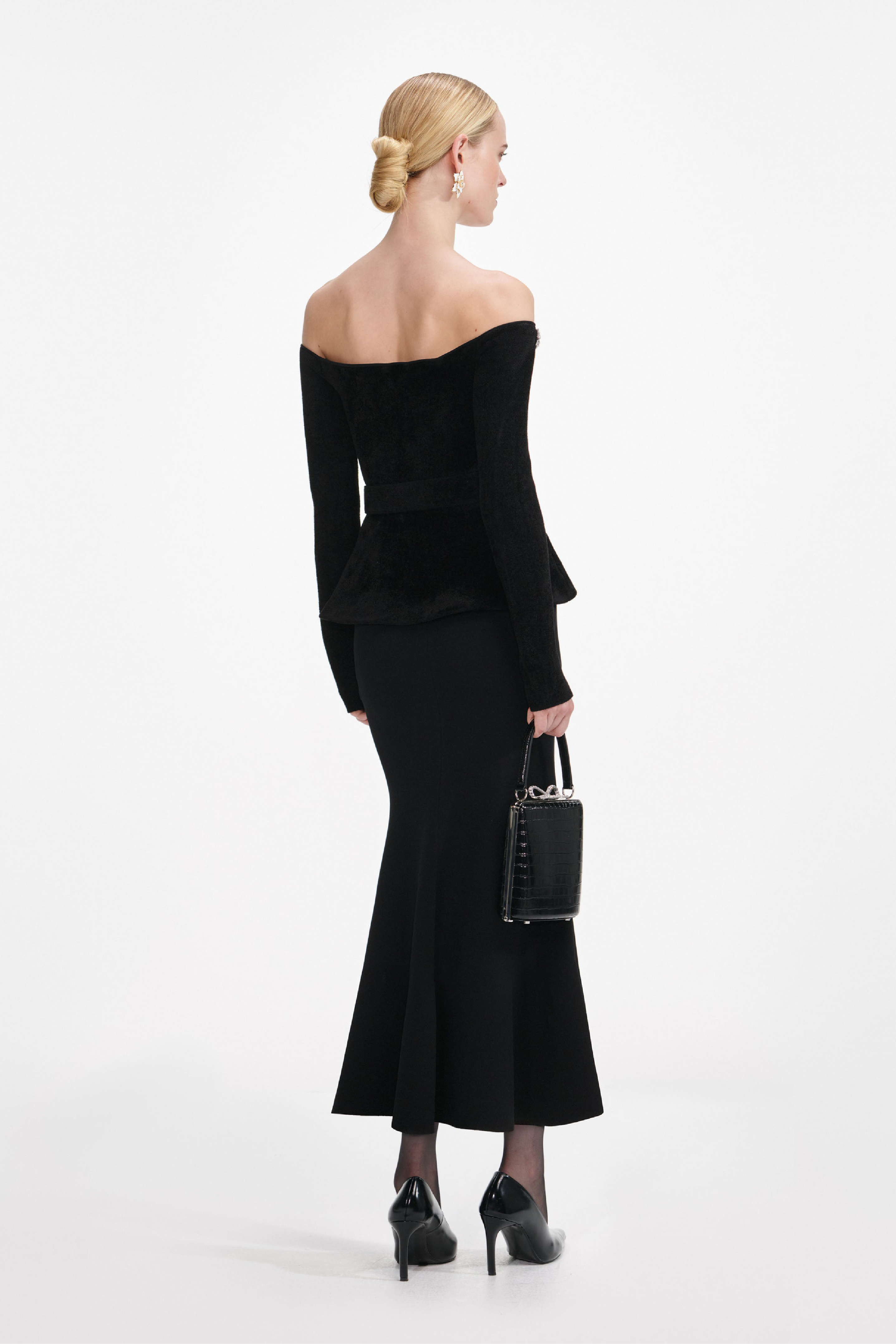 BLACK CHENILLE KNIT CRYSTAL TRIM MIDI DRESS - 3
