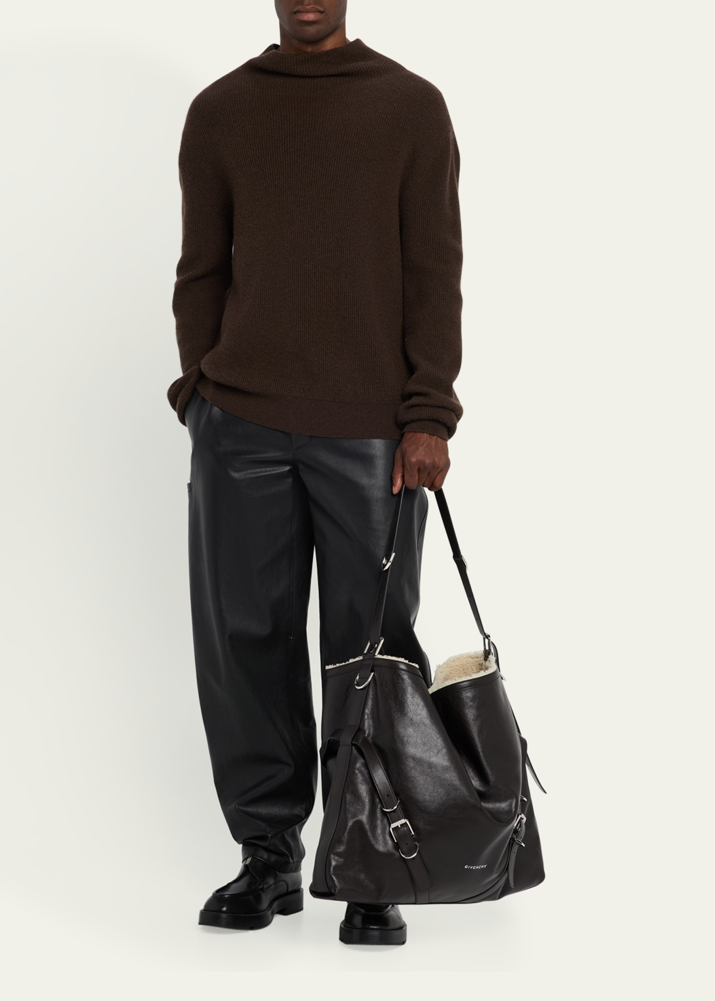 Men's Voyou Large Leather Shearling-Lined Shoulder Bag - 6