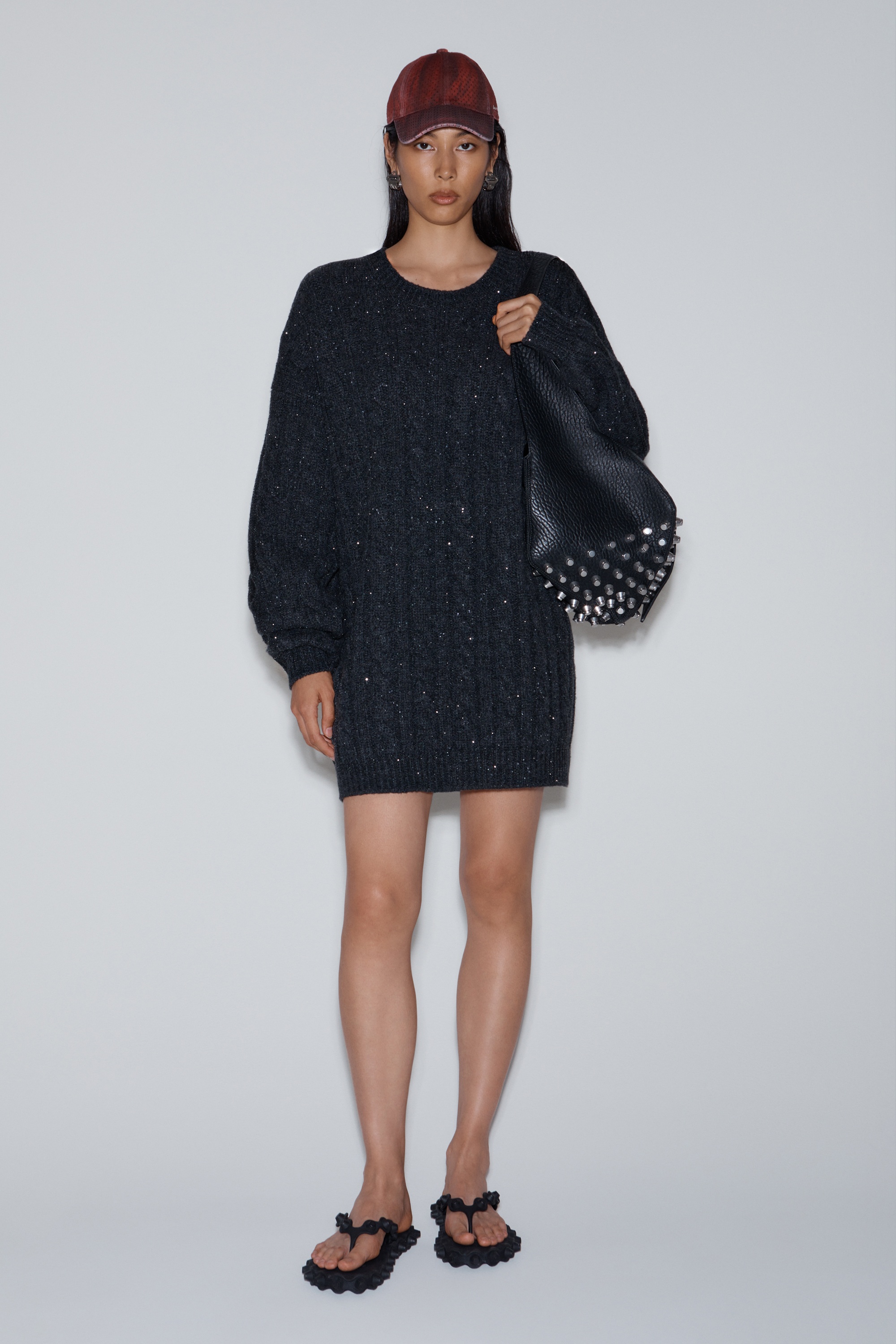 Clear Bead Hotfix Cable-Knit Cardigan in Boiled Wool - 3