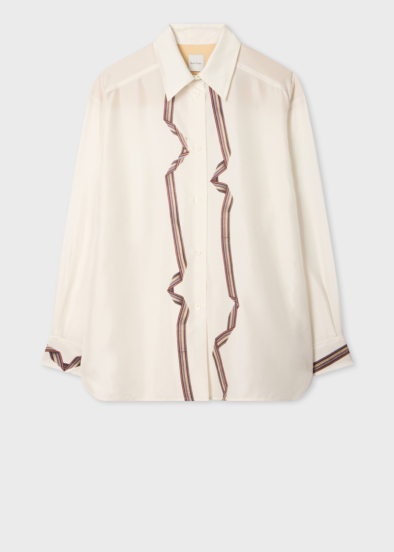 Women's Ecru 'Signature Stripe' Ribbon Print Oversized Silk Shirt 1