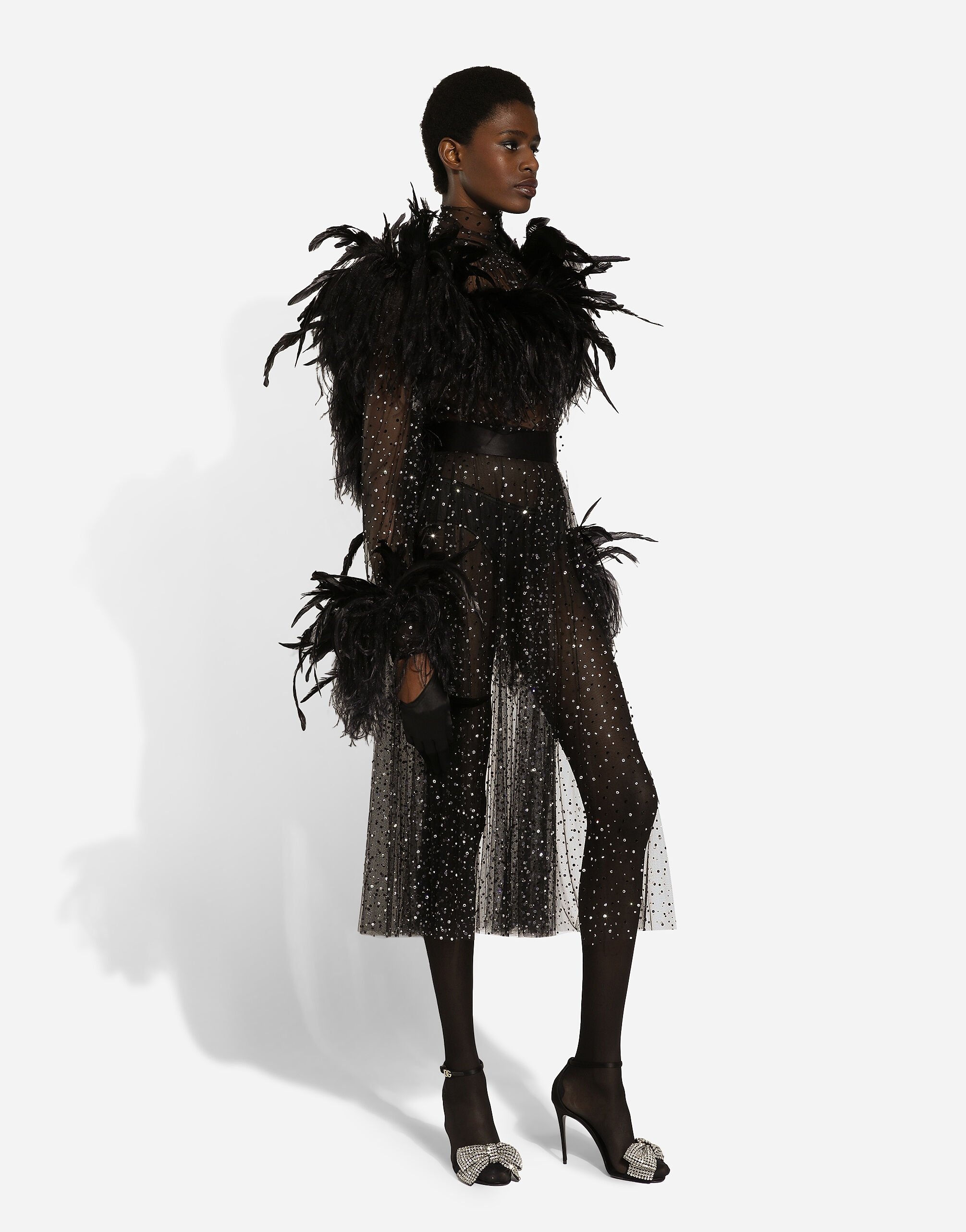 Calf-length stretch tulle dress with fusible rhinestones and rooster and ostrich feather embellishme - 9