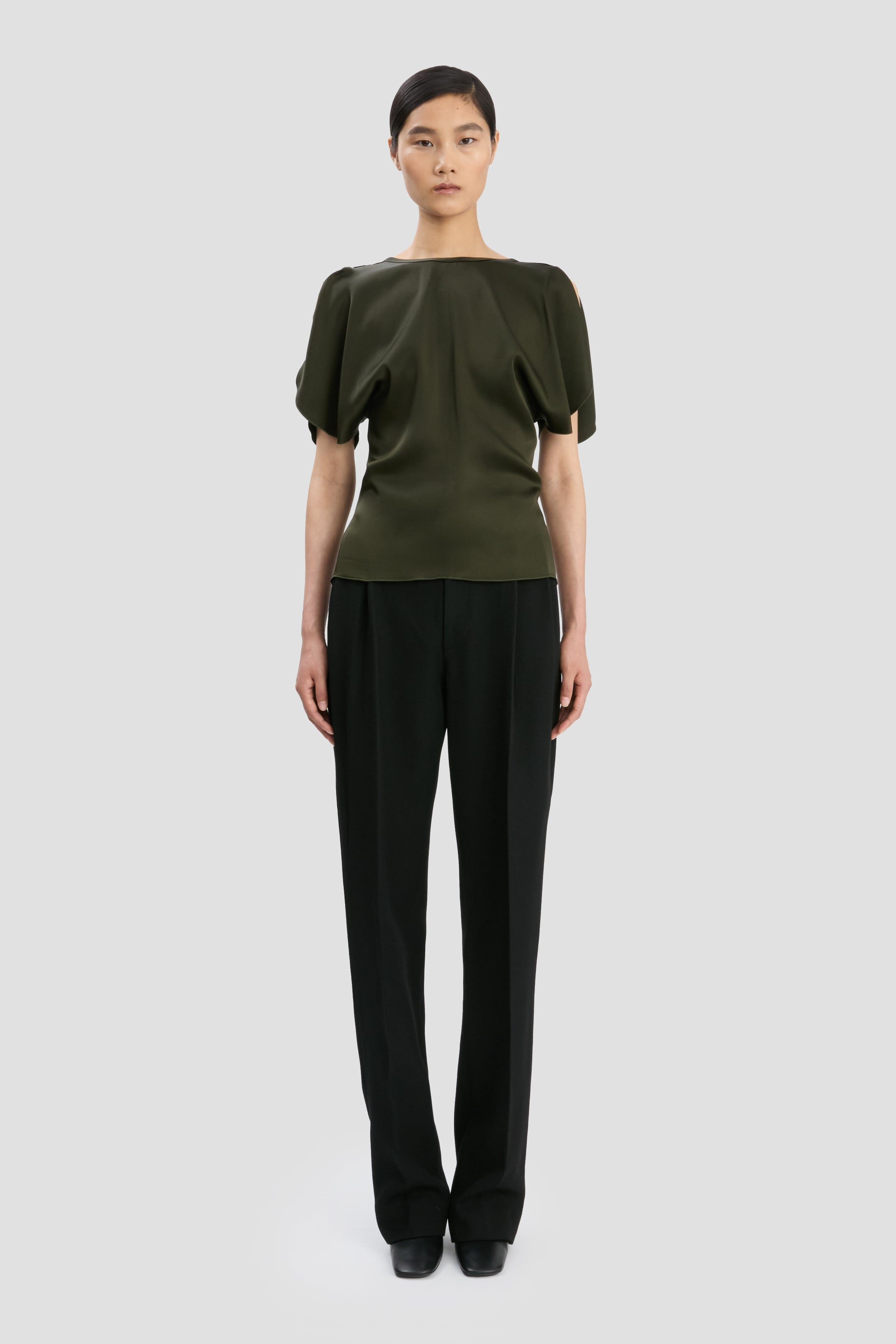Draped Sleeve Top In Dark Olive - 2