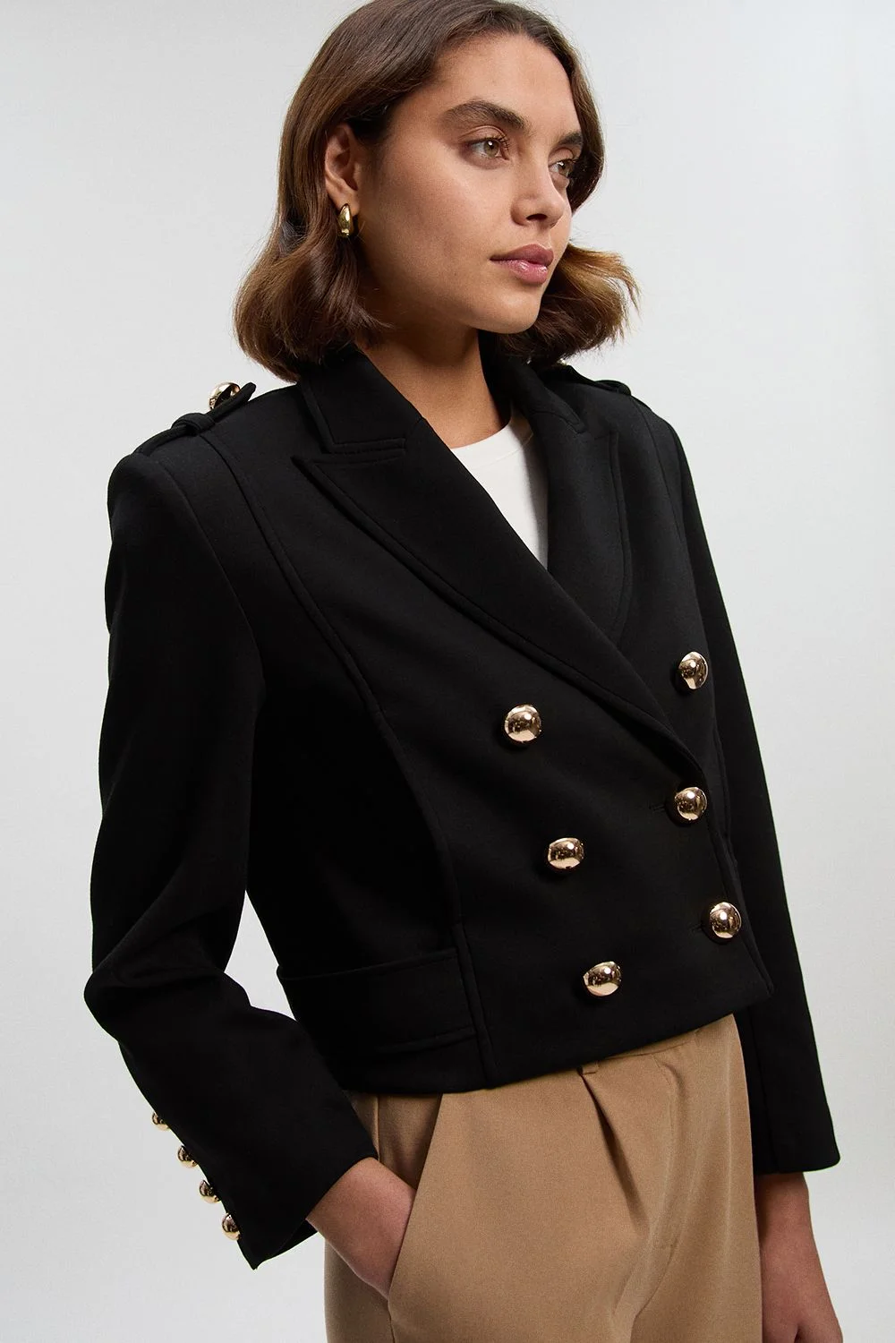 Scuba Military Collar Button Detail Cropped Jacket - 1
