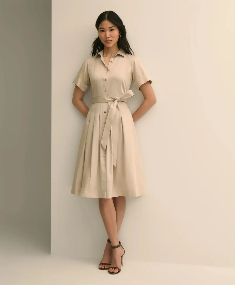 Cotton Sateen Short-Sleeve Belted Shirt Dress - 1