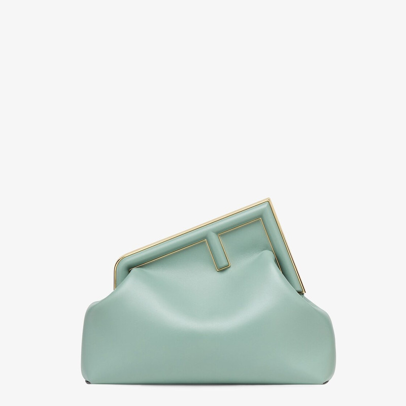 Medium Fendi First bag made of soft, mint green nappa leather with an oversized metal F clasp bound  1