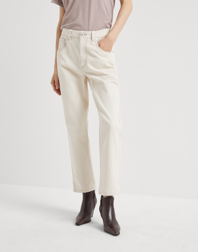 Stretch dyed denim straight trousers with shiny bartack - 1