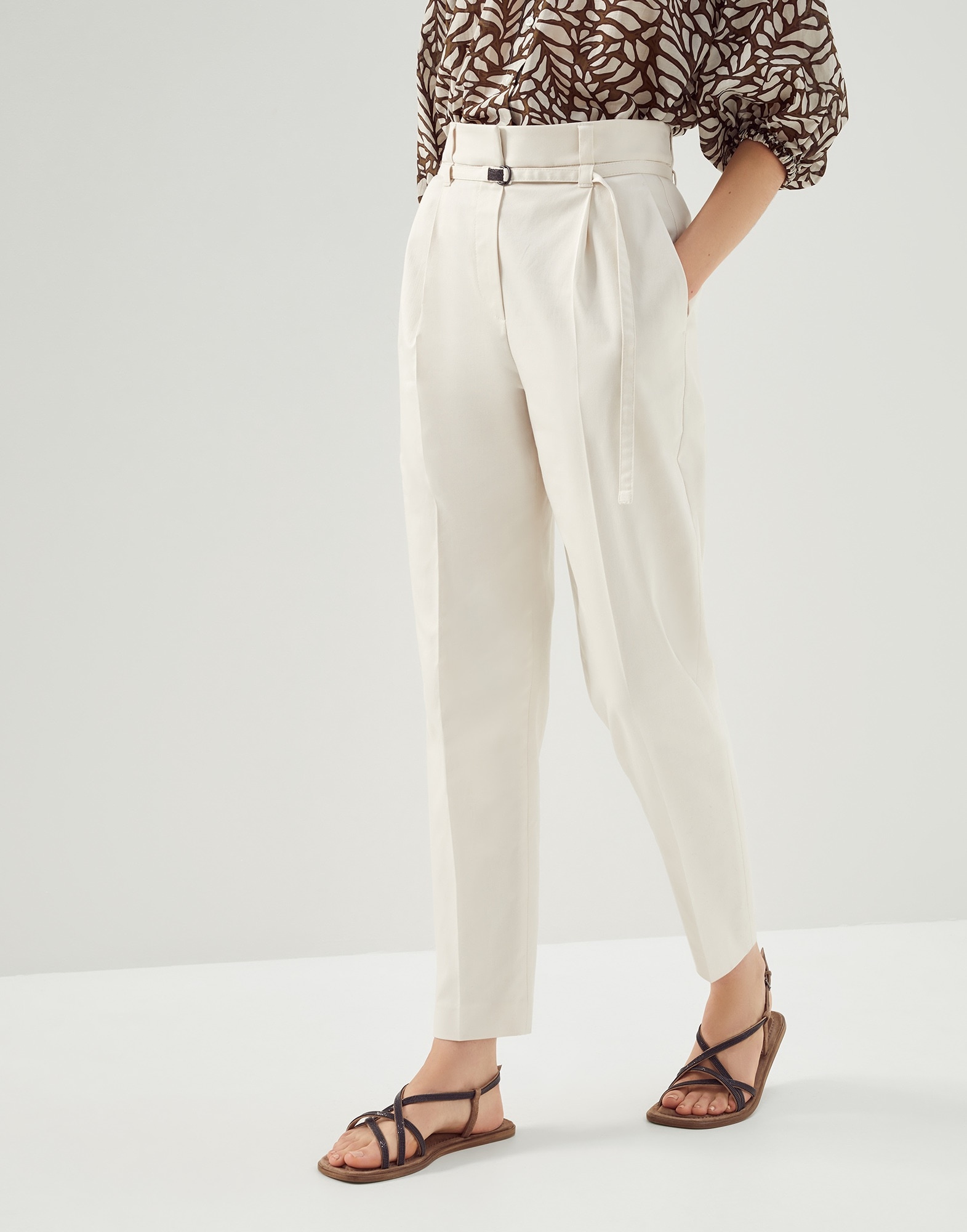 Comfort cotton twill tailored trousers with shiny belt detail - 1