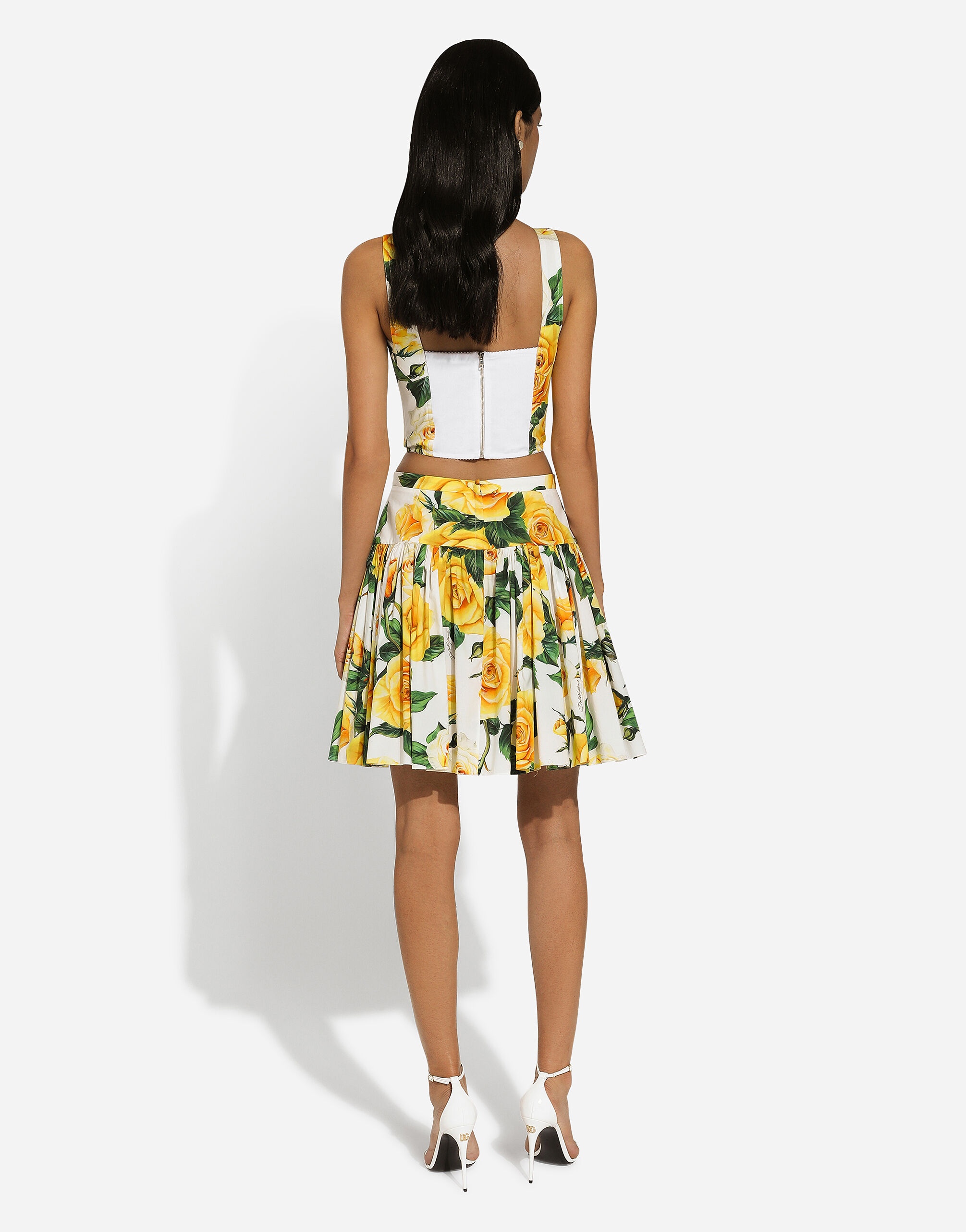 Short circle skirt in yellow rose-print cotton - 3