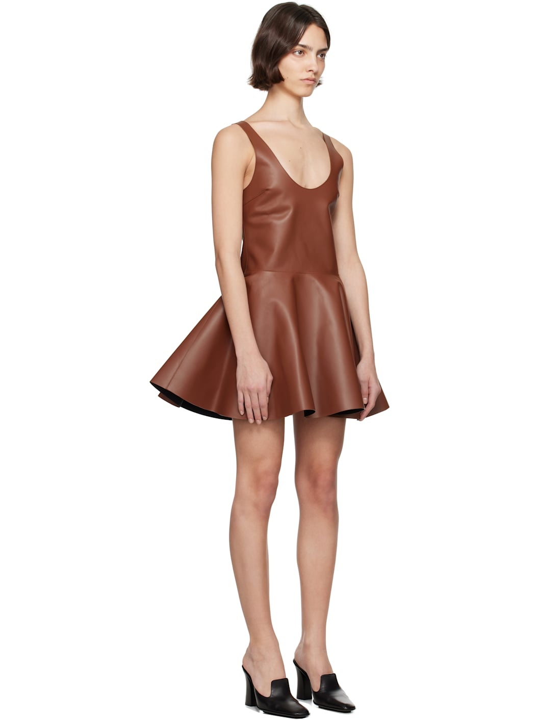Brown Circle Skirt Leather Minidress - 2
