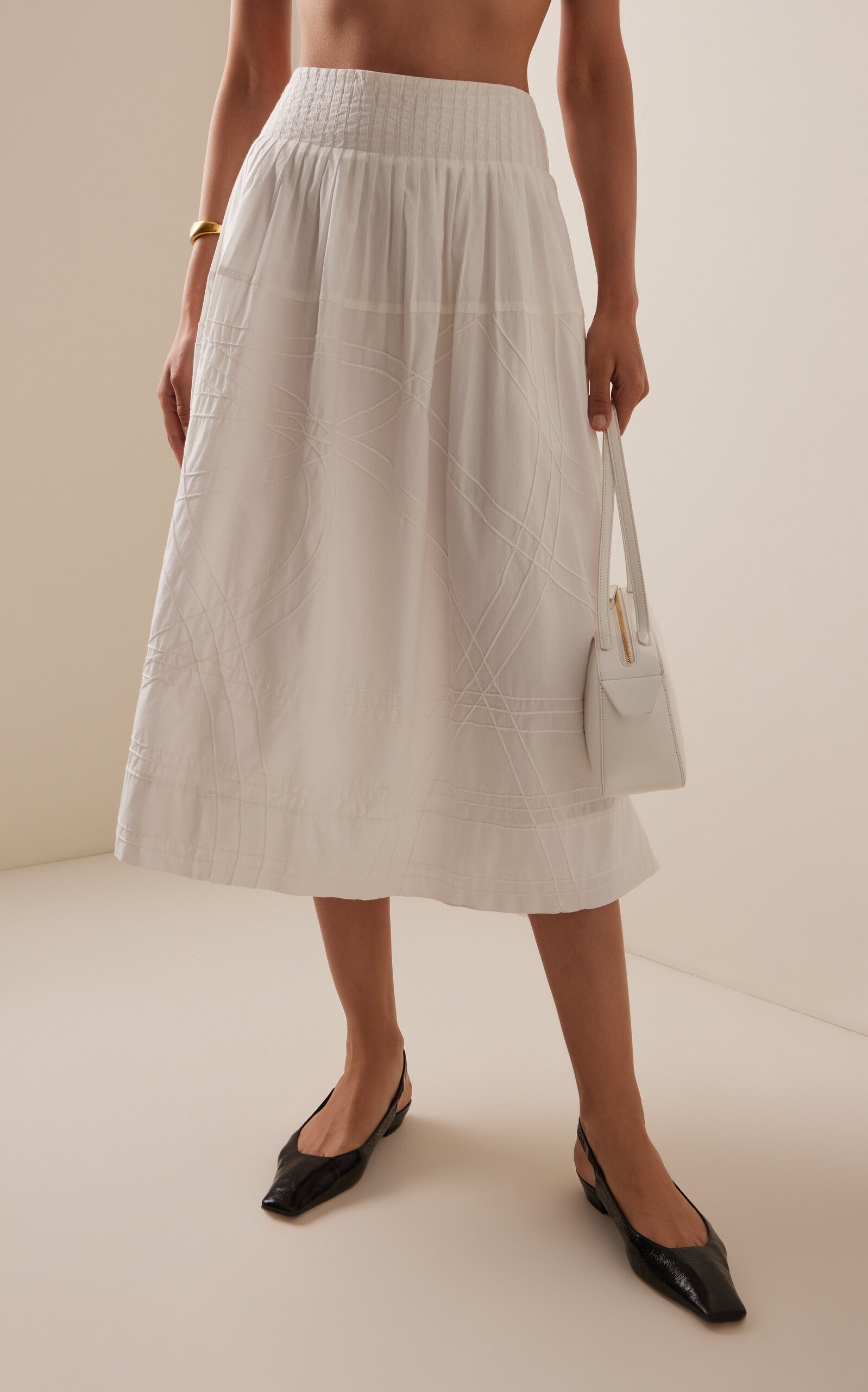 Camden Shirred Cotton Poplin Midi Skirt white - 3
