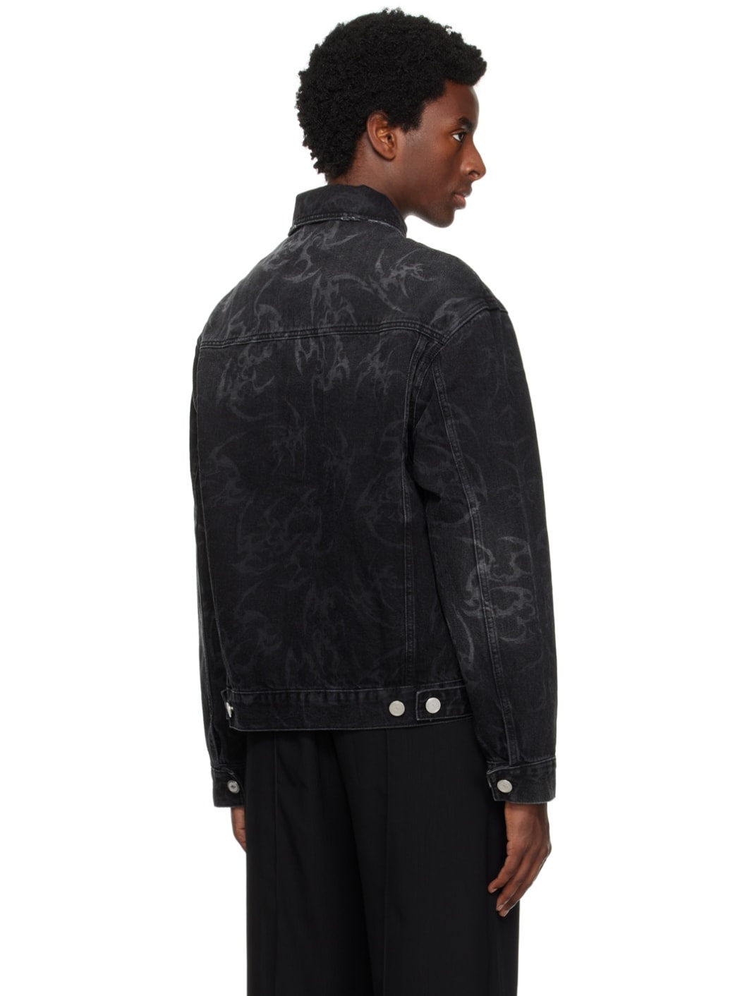 Black Printed Denim Jacket - 3