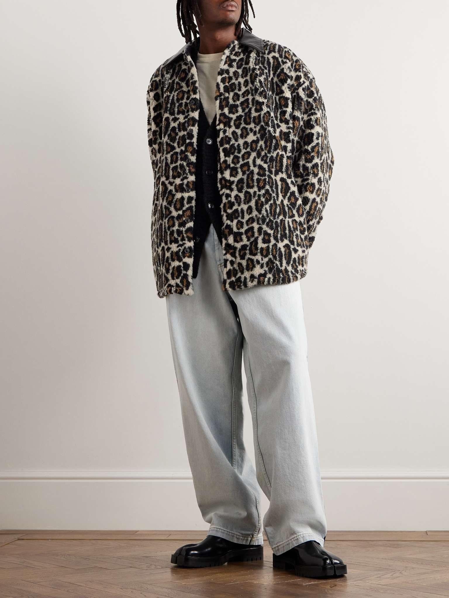 Faux Leather-Trimmed Leopard-Print Faux Fur Shirt Jacket - 2