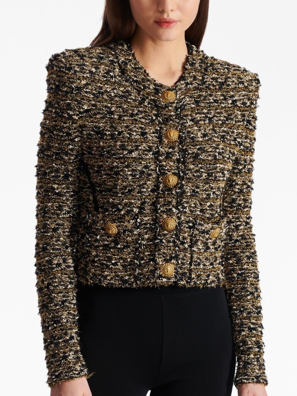 COLLARLESS 2 PKT TWEED CROPPED JACKET - 4