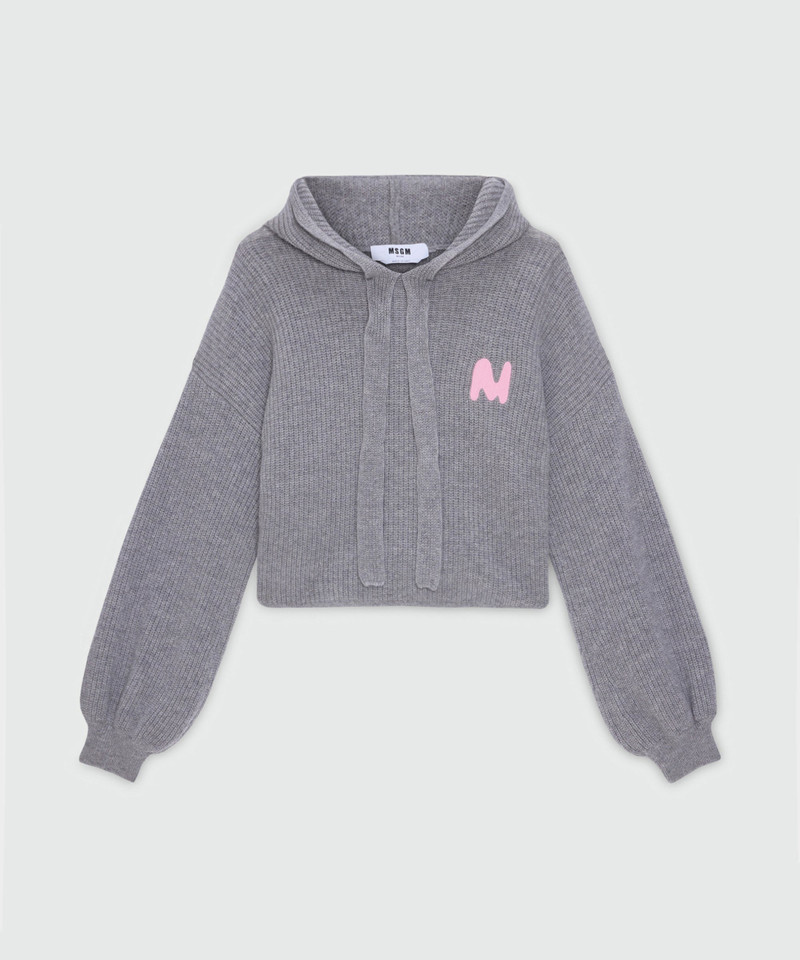 Grey cashmere-blend hooded knit with MWAVE embroidery and balloon sleeves 1