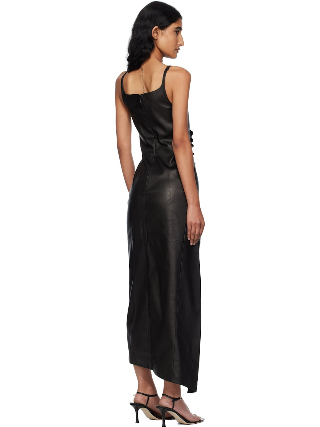 Black Draped Leather Midi Dress - 3